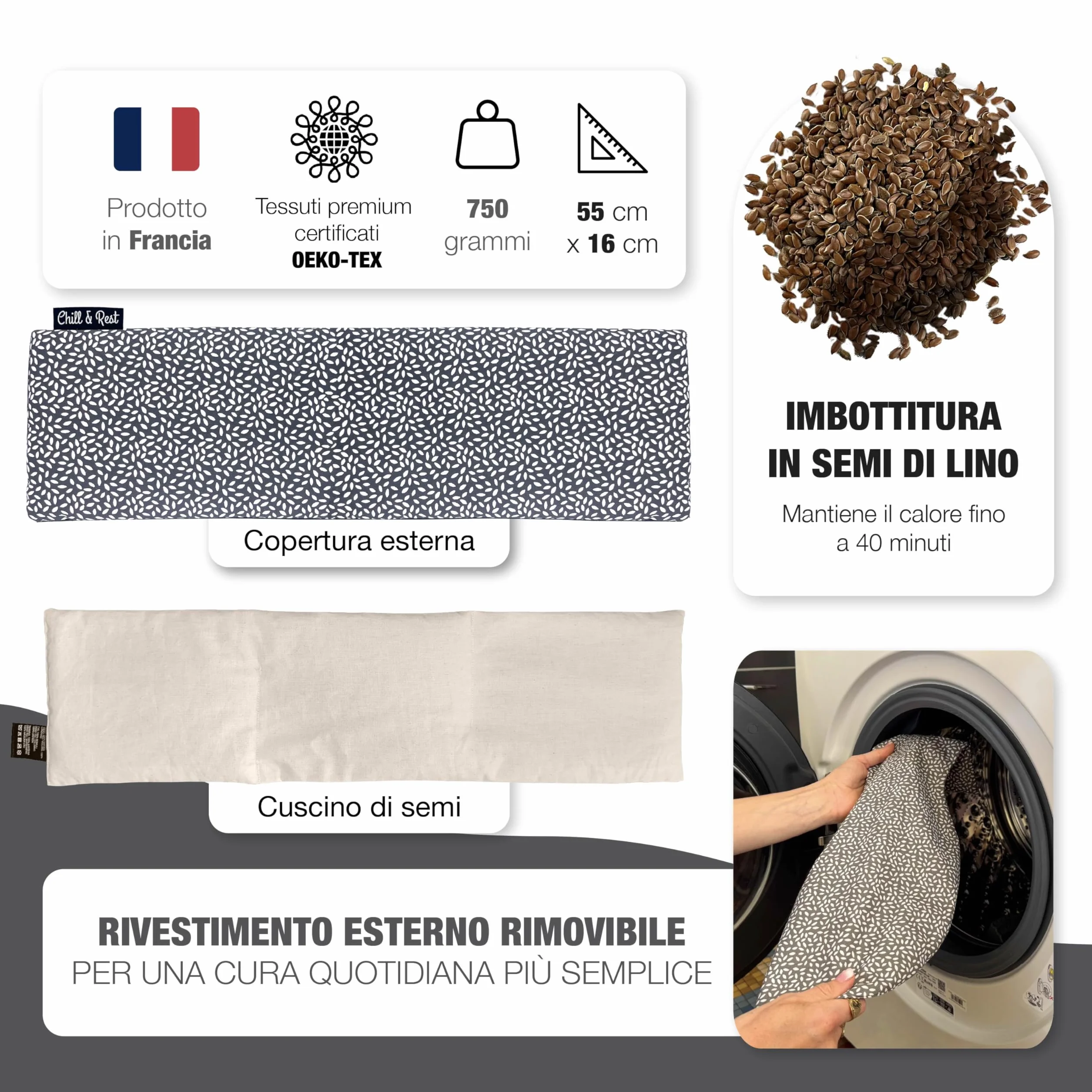Chill&Rest - Cuscino termico microonde - cuscino riscaldante cervicale - semi di lino - cuscino riscaldabile - dolore cervicale - termoforo lombare - Grigio - La Anthracite