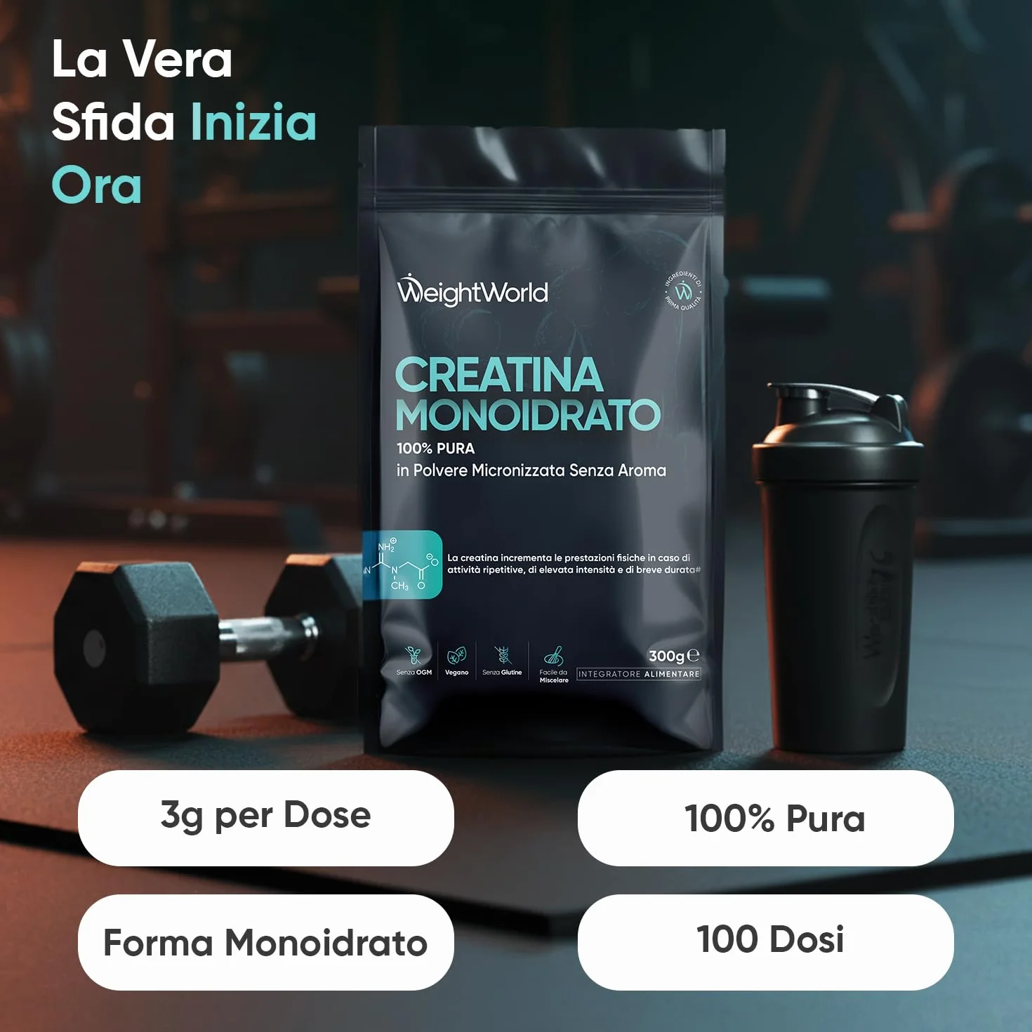 Creatina Monoidrata in Polvere 100% Pura, Vegana, 100 Dosi, 300g, Micronizzata, Pre Intra Post Workout