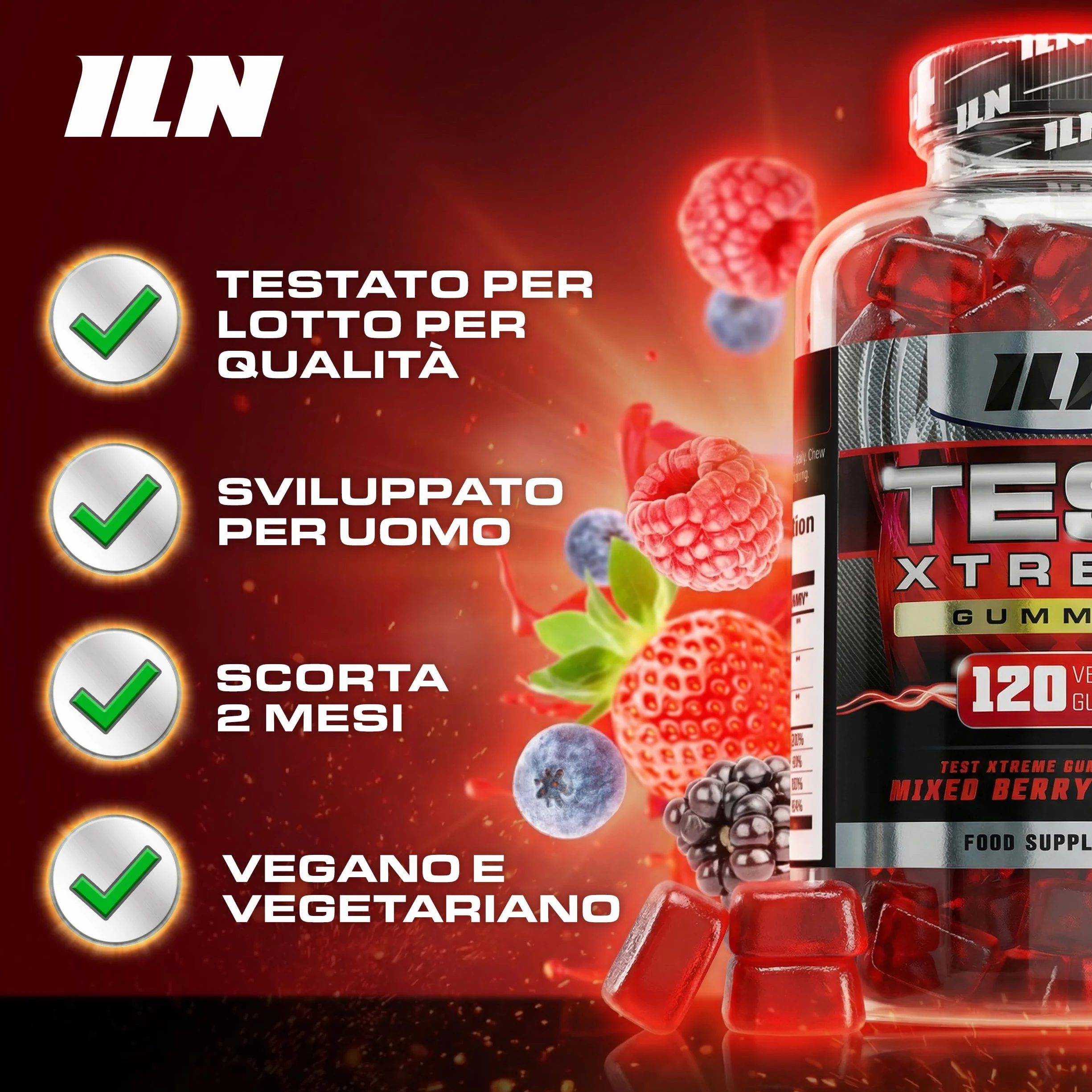 Test Xtreme Gommose Uomo - Booster Alta Potenza con Maca 30:1, Ginseng, Zinco - Senza Zucchero, Frutti di Bosco - 120 Gommose Vegane