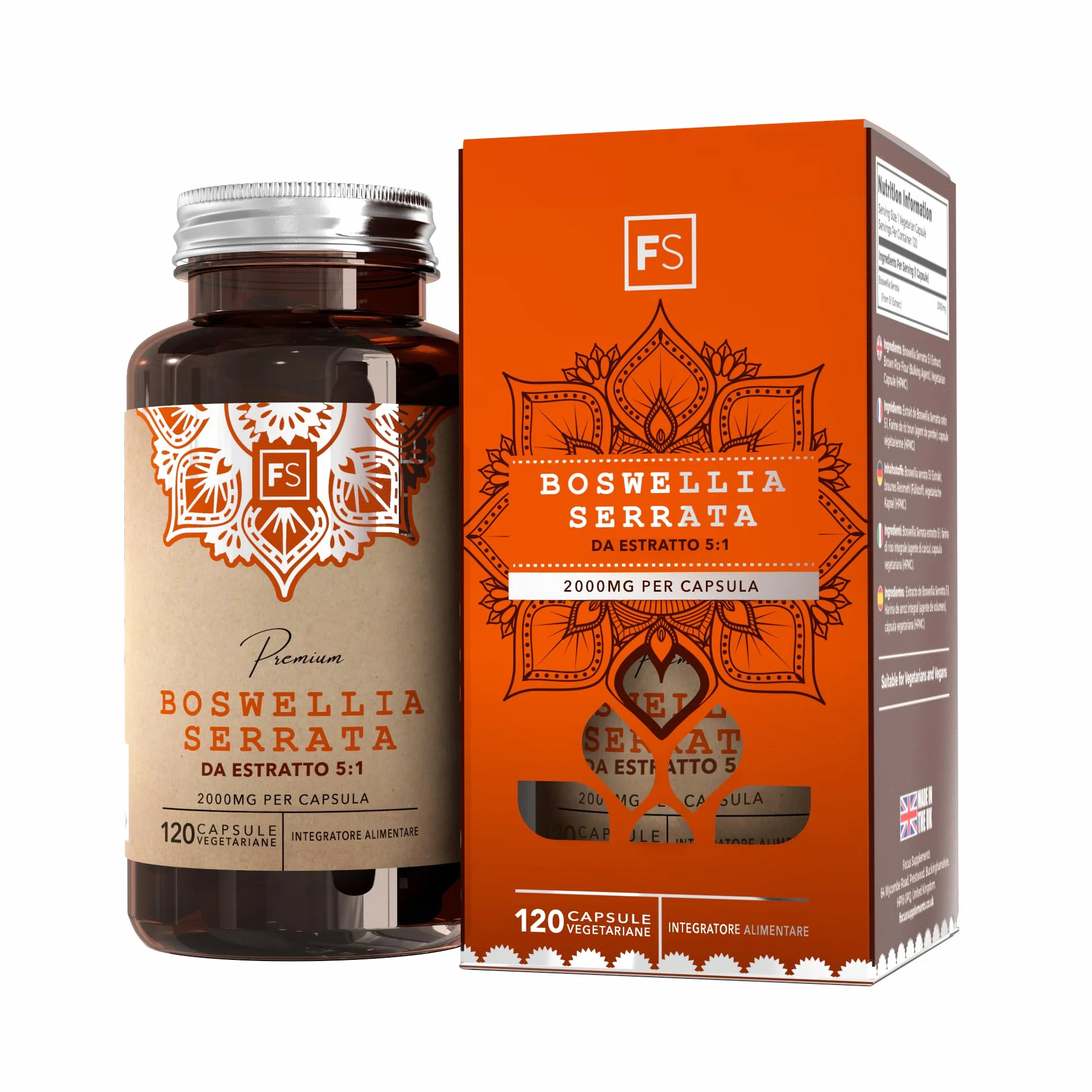 FS Boswellia | 120 Boswellia Serrata Alto Dosaggio Capsule - Integratore Boswelia Serrata Capsule 2000 mg per Dose | Non-OGM, Senza Glutine e Allergeni | Prodotto nel Regno Unito