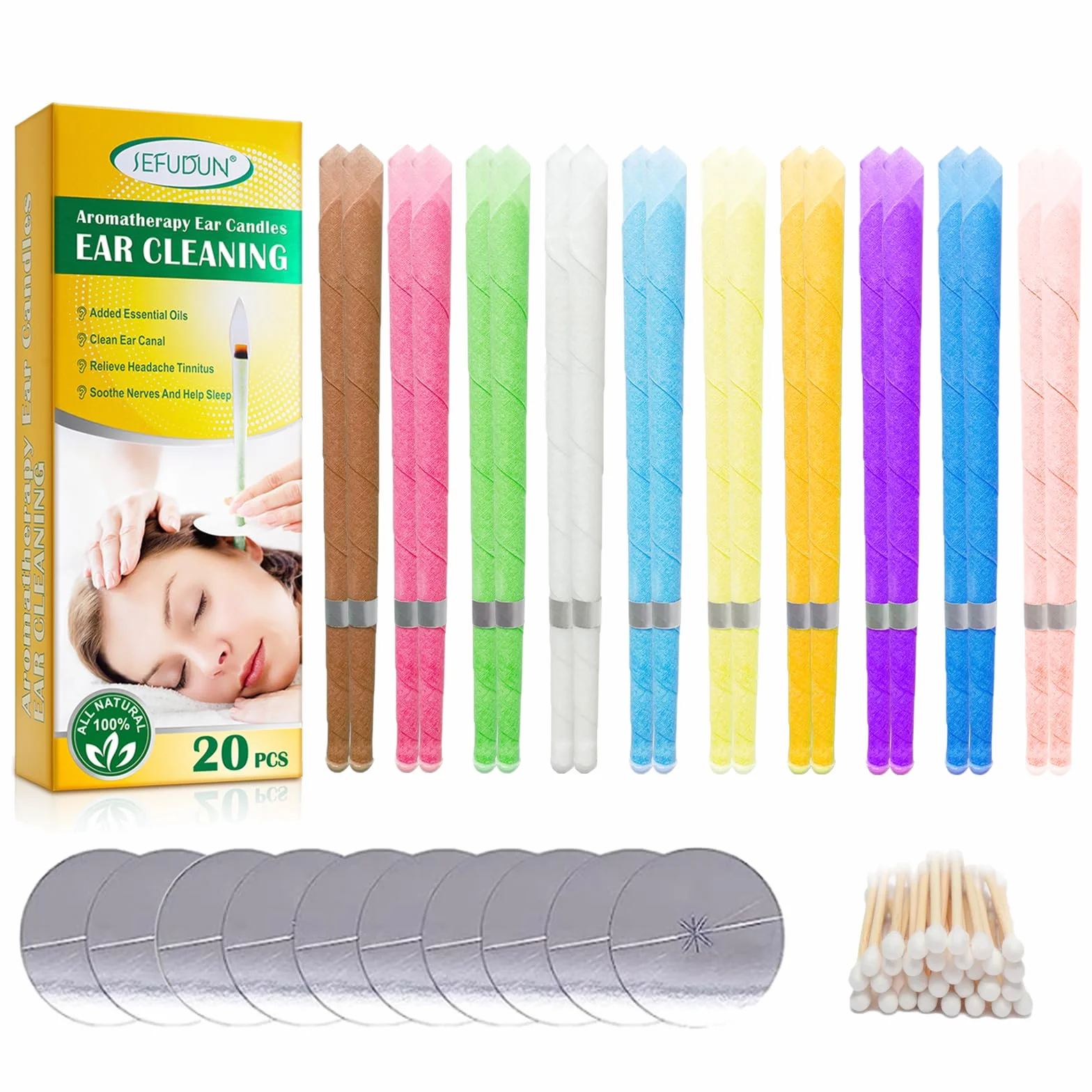 20 Candele per orecchie, candele per cerume, candele coniche, rimozione del cerume, kit per candele per rimozione del cerume con cera d'api organica naturale per orecchie bloccate