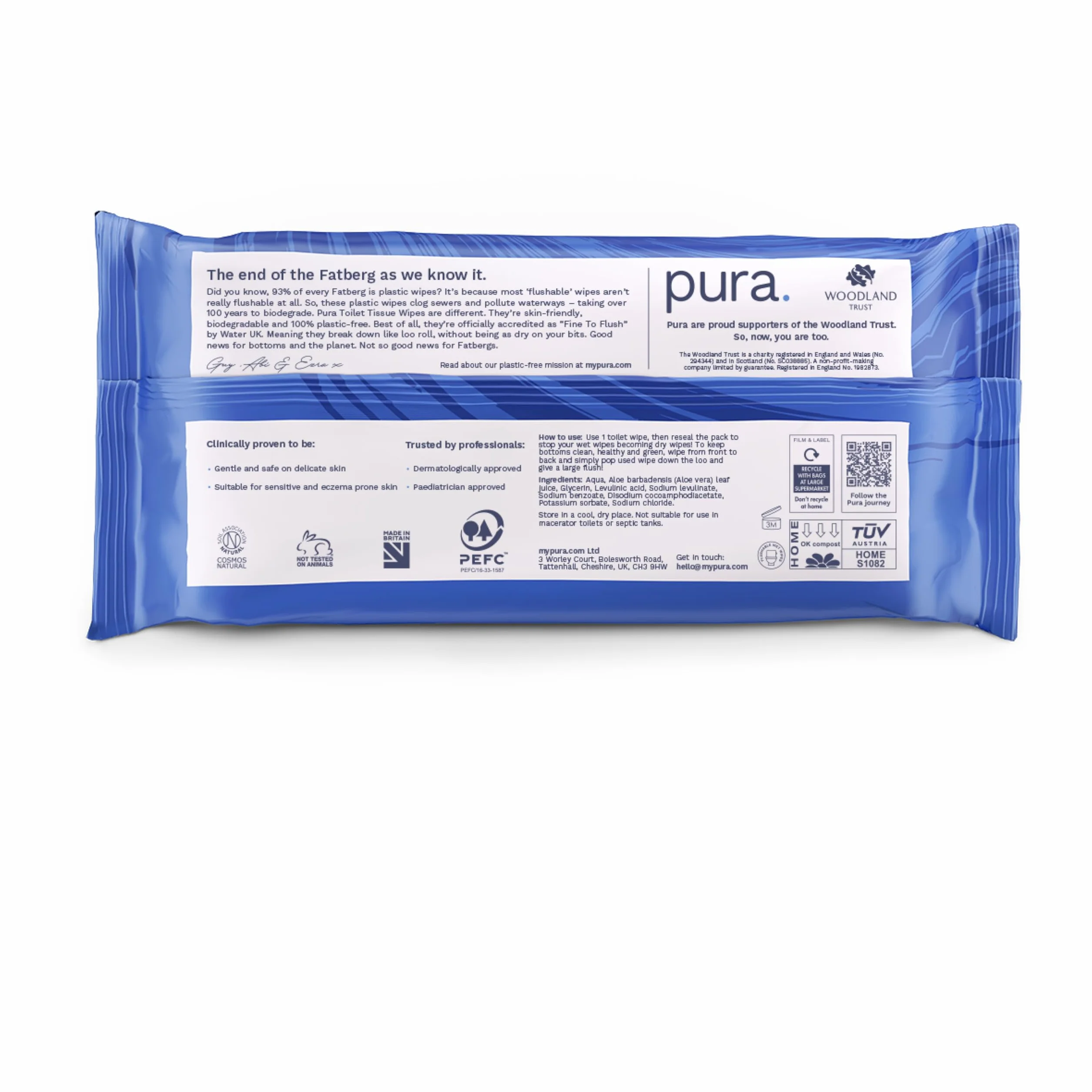 Pura Carta Igienica Umidificata 40 Salviette per Pelle Sensibile Biodegradabili Fine to Flush
