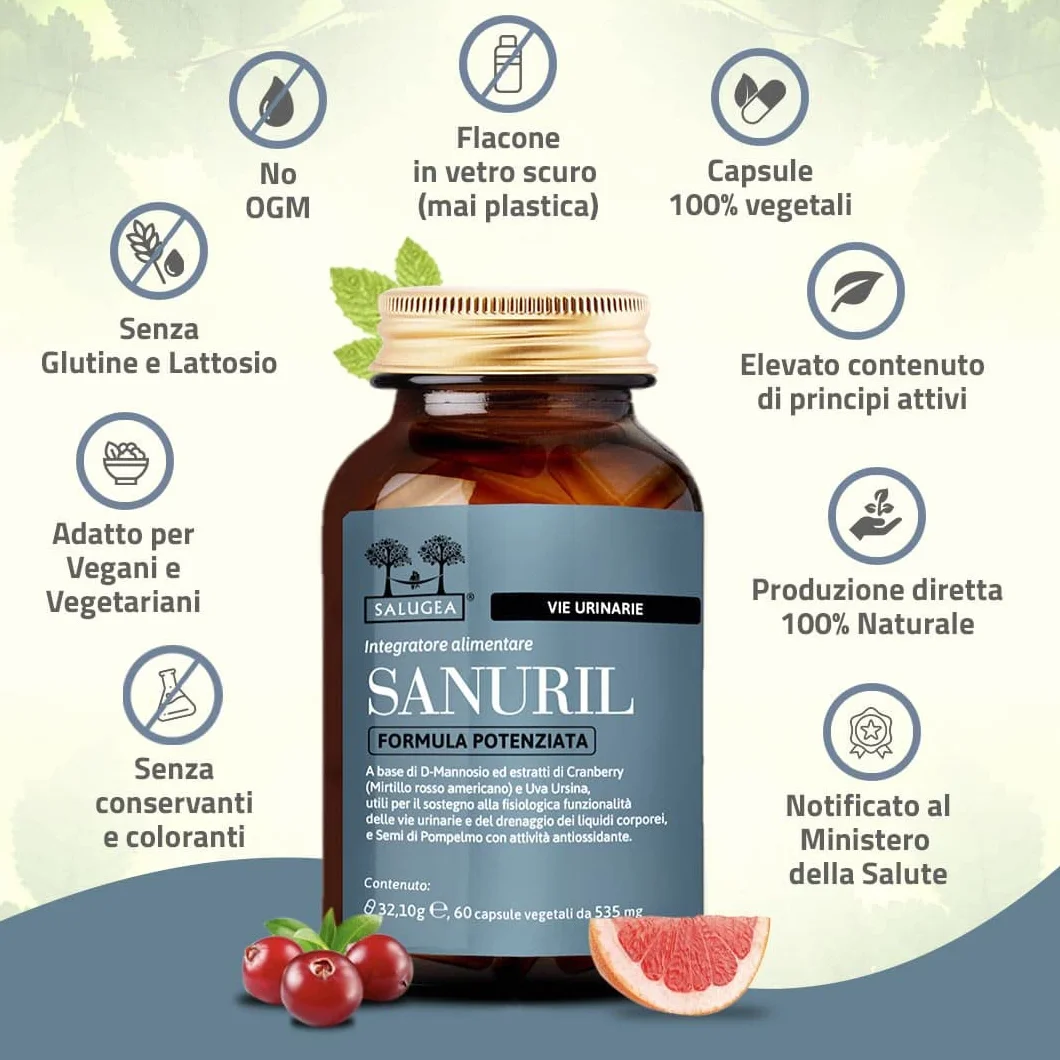 SANURIL Formula Potenziata Salugea Integratore 100% Naturale D-Mannosio Cranberry Uva Ursina Semi di Pompelmo Benessere Vie Urinarie 60 Capsule Flacone Vetro