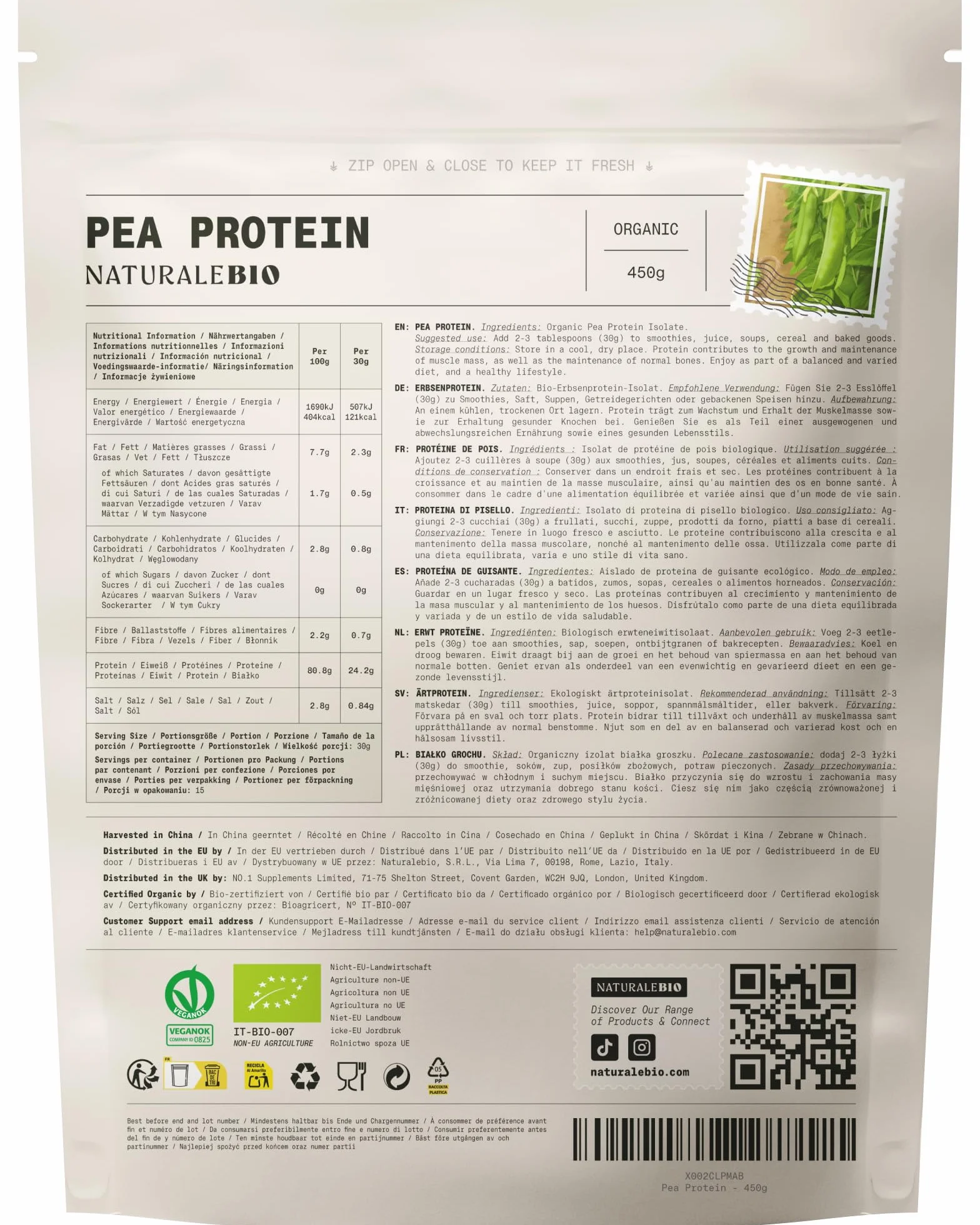 NaturaleBio Proteine di pisello 450g. Vegane, biologiche e non OGM. Ipoallergeniche e facilmente digeribili. Per la gestione del peso, il recupero e la crescita muscolare.