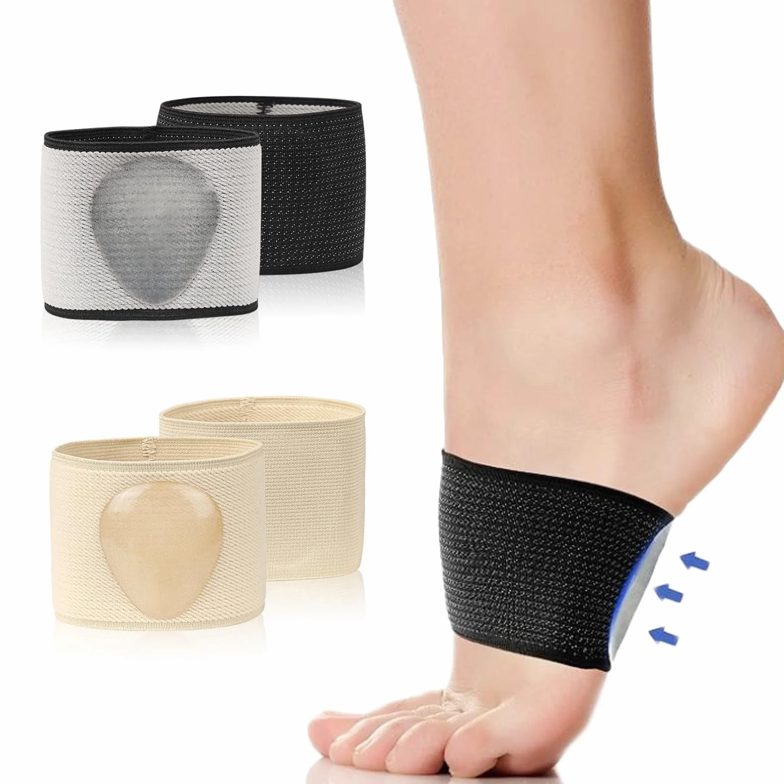 Fasce per Piedi con Cuscinetti in Gel per Alleviare Dolore Piedi Piatti e Metatarso, Donna Uomo (S, 35-39, Nero e Beige)