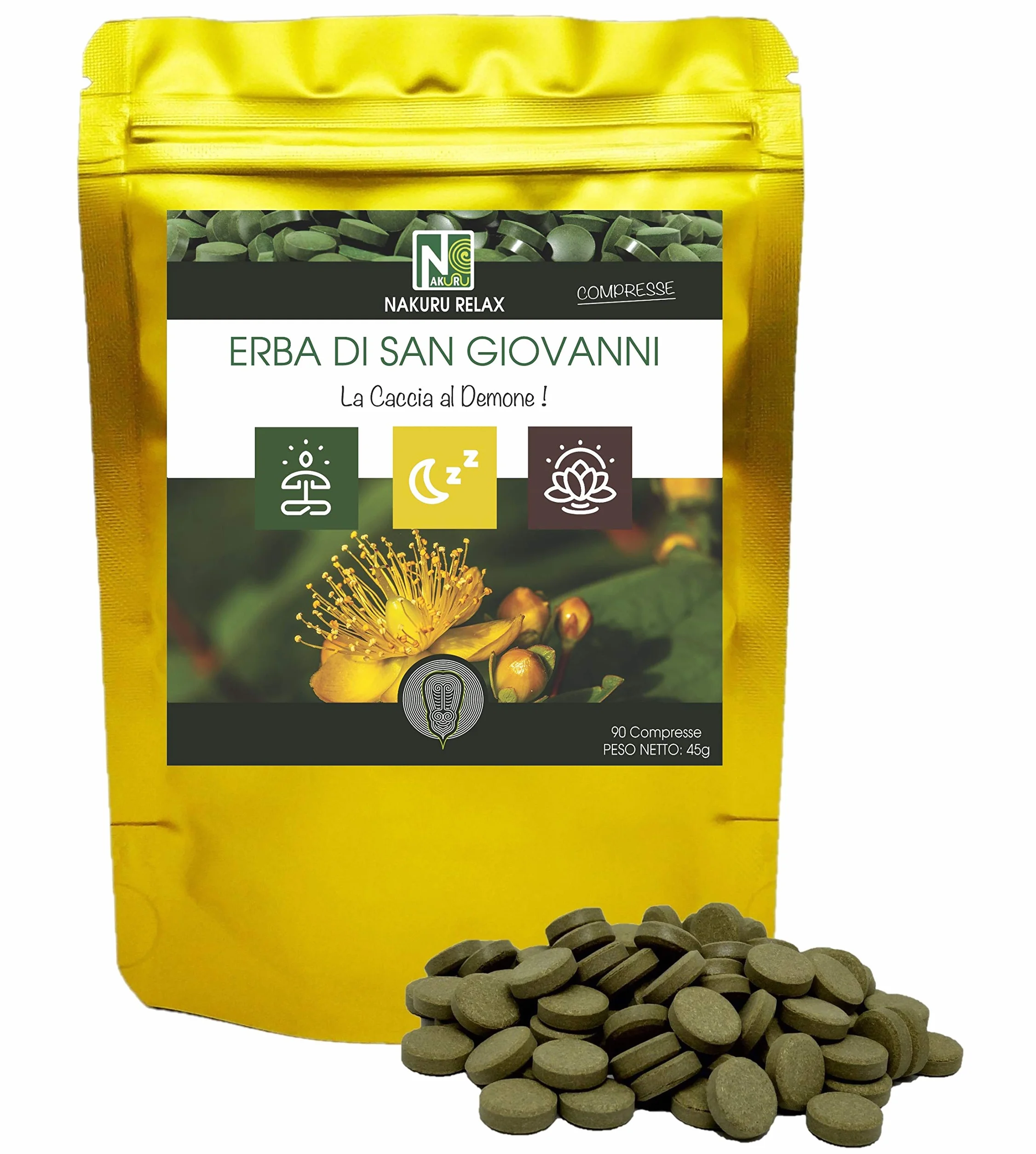 Erba di San Giovanni / 90 compresse da 500mg / NAKURU Relax/Polvere organica secca e compressa a freddo/Analizzata e condizionata in Francia / "La Caccia al Demone!" (Dorato)
