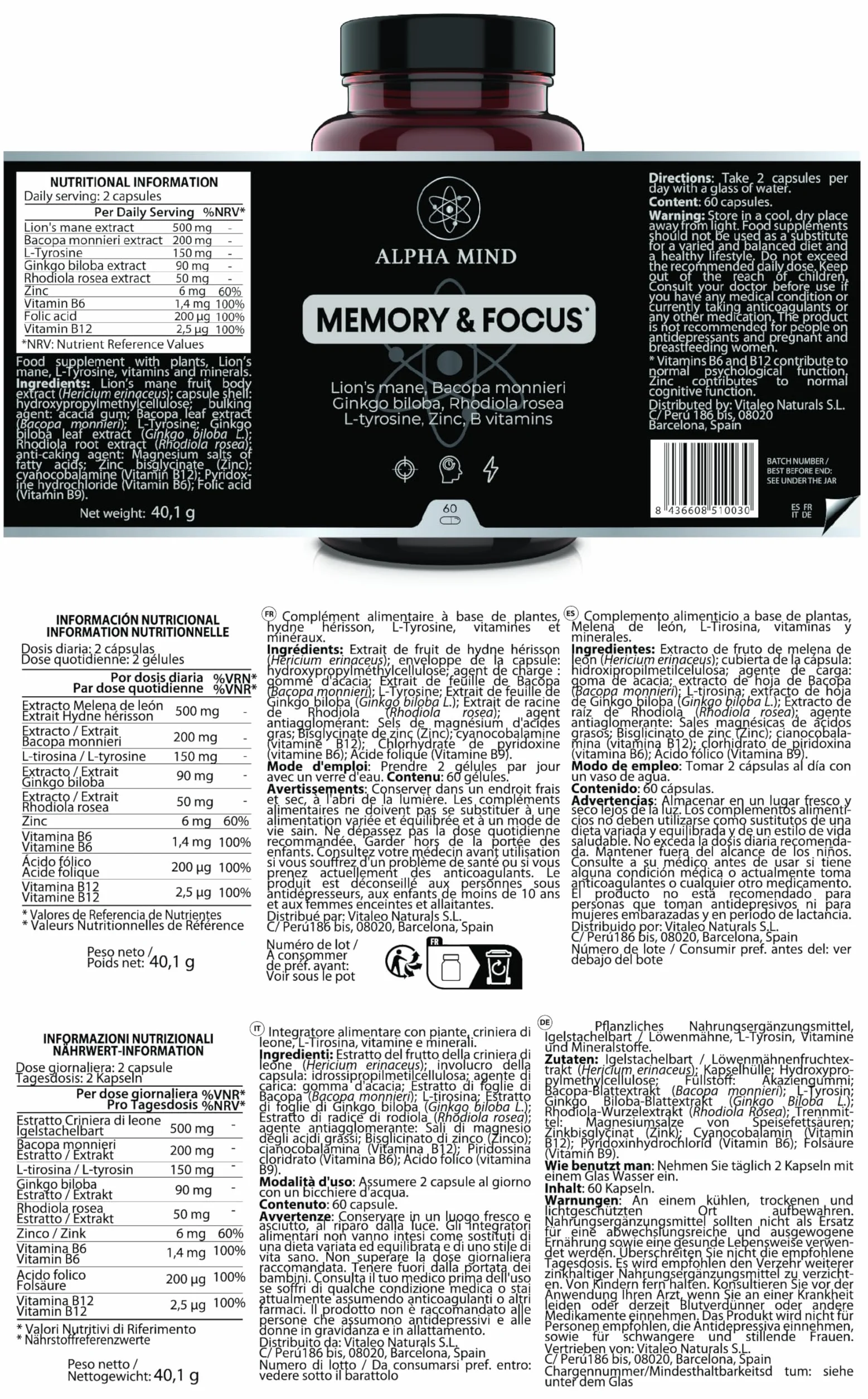 Nootropico Potente Naturale - Concentrazione, Memoria, Agilità Mentale - Con Lions mane, Ginkgo biloba, Bacopa Monnieri, Rhodiola Rosea, L Tirosina, Zinco, Vitamine B - Senza Caffeina
