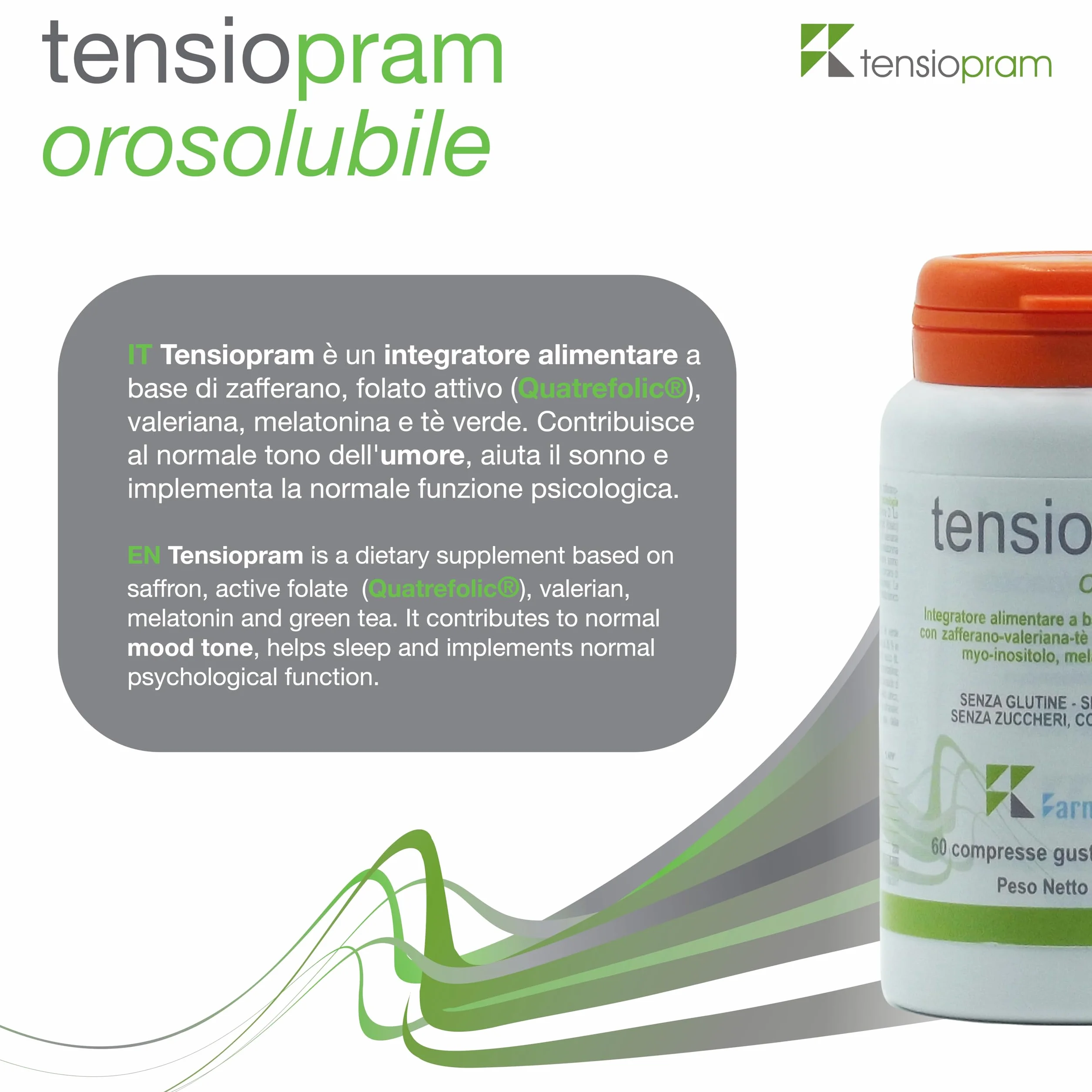 Tensiopram 60 compresse sublinguale, Naturale a Base di Valeriana, 1mg Melatonina, tè verde, zafferano Vit. D, Quatrefolic® e Myo-inositolo, per Ansia, Stress, Sonno e Umore, Vegan