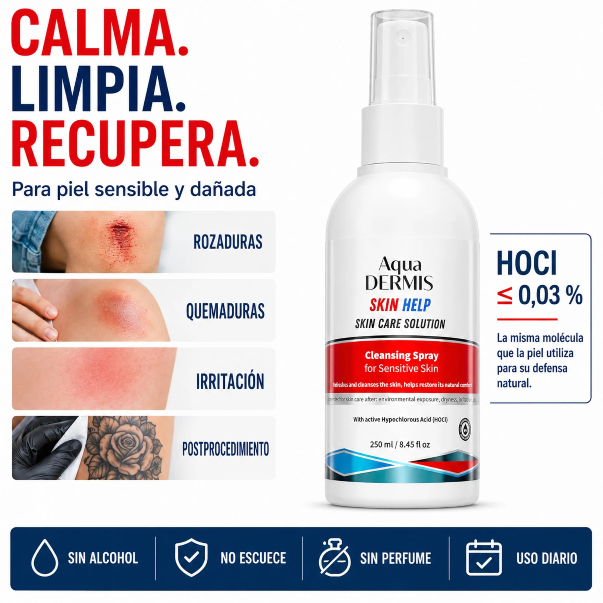 Spray per terapia delle ferite con acido ipocloroso, disinfettante naturale per ferite, ustioni, acne, eczema e tatuaggi, senza alcool, sicuro per pelli sensibili, 250 ml