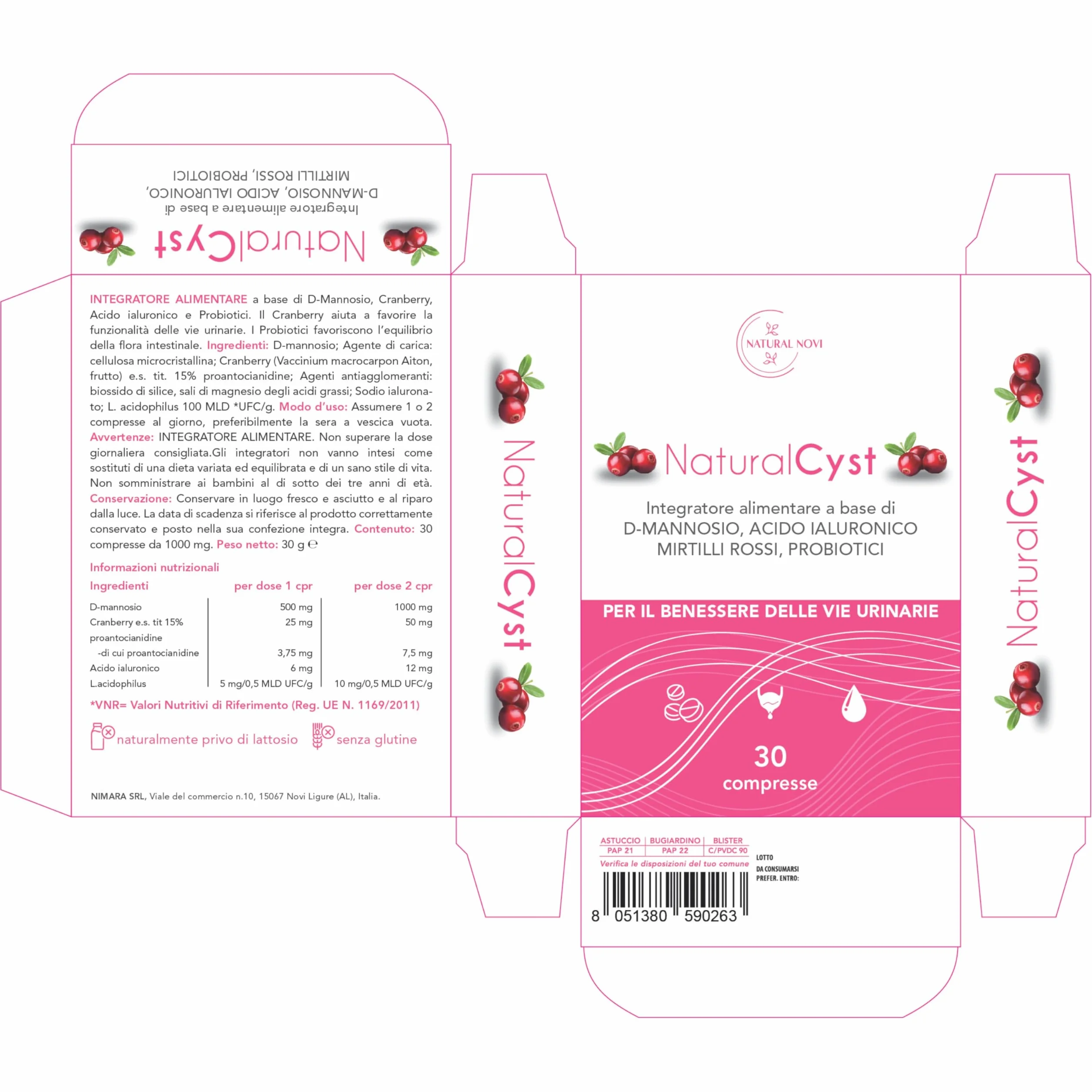 NaturalCyst® D-mannosio puro con fermenti lattici probiotici Acido Ialuronico Mirtillo rosso per Candida e infezioni vie urinarie Vegan