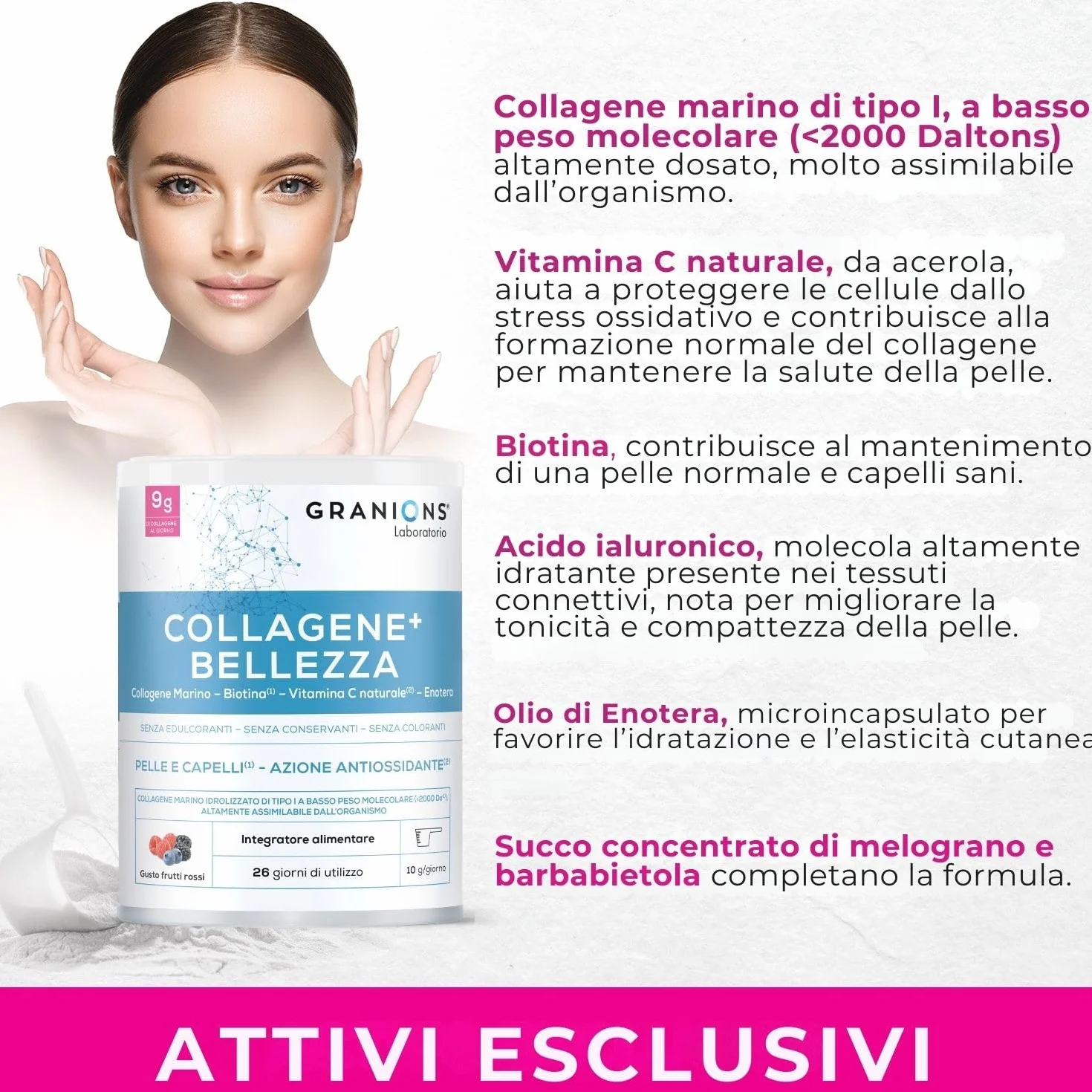 GRANIONS Collagene+ Bellezza in Polvere 260 g | 9 g Collagene Marino Tipo I | Acido Ialuronico + Biotina + Vitamina C + Enotera | Aroma Frutti Rossi | 26 Giorni