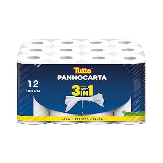 Tutto Carta da Cucina 4 Confezioni da 3 Rotoli 12 Rotoli Senza Profumazione per Pulizia Superfici e Alimenti