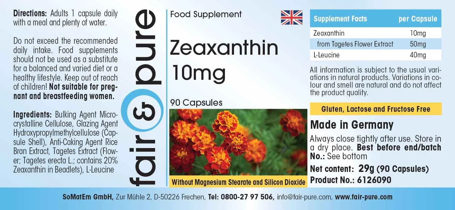 Fair & Pure Zeaxantina 10mg Naturale da fiore di calendula Vegan 90 Capsule