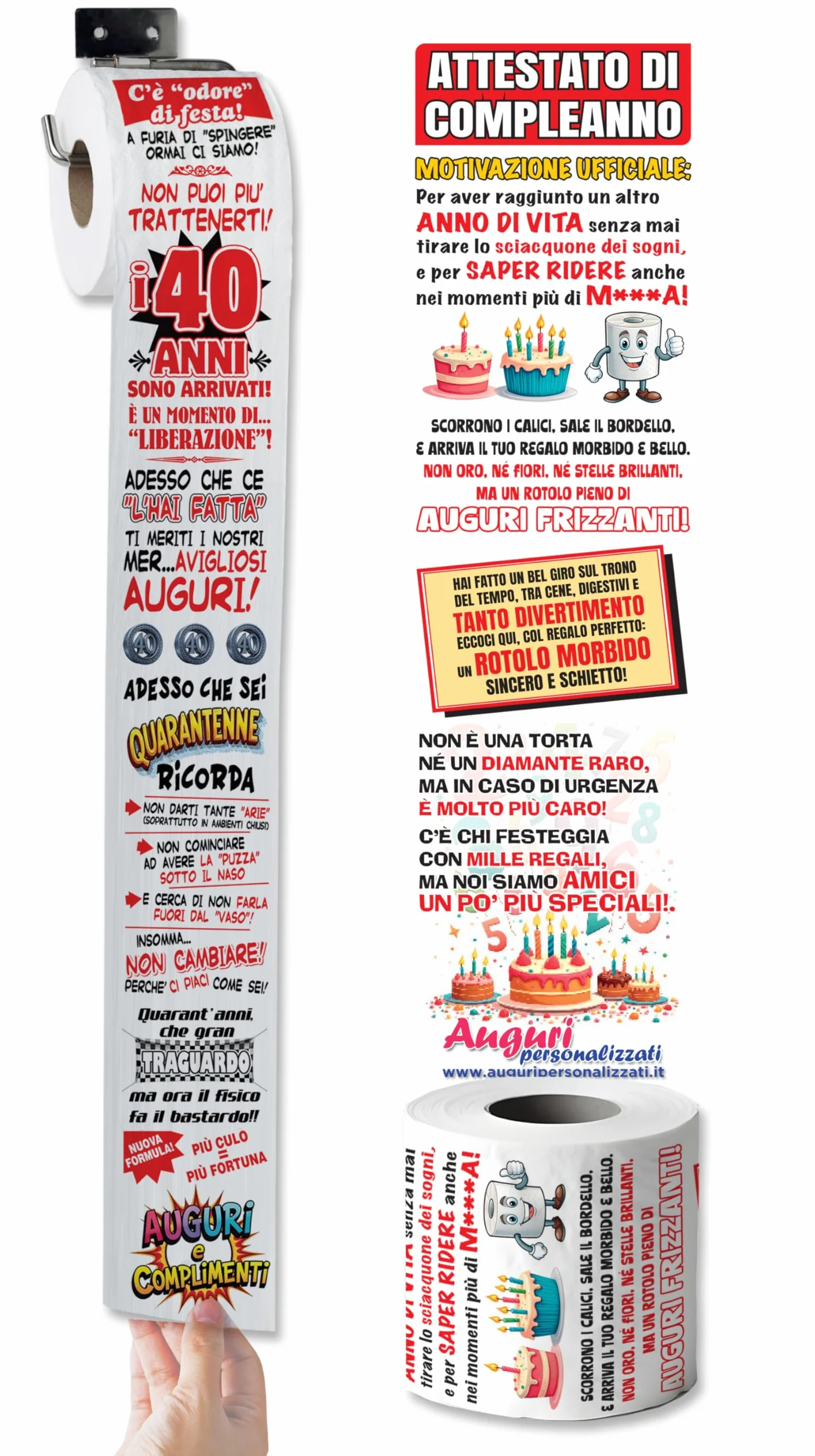 Carta Igienica Divertente 40 Anni – Rotolo Stampato a Colori con Fumetti e Attestato di Compleanno – Gag Regalo per Festa 40° Compleanno