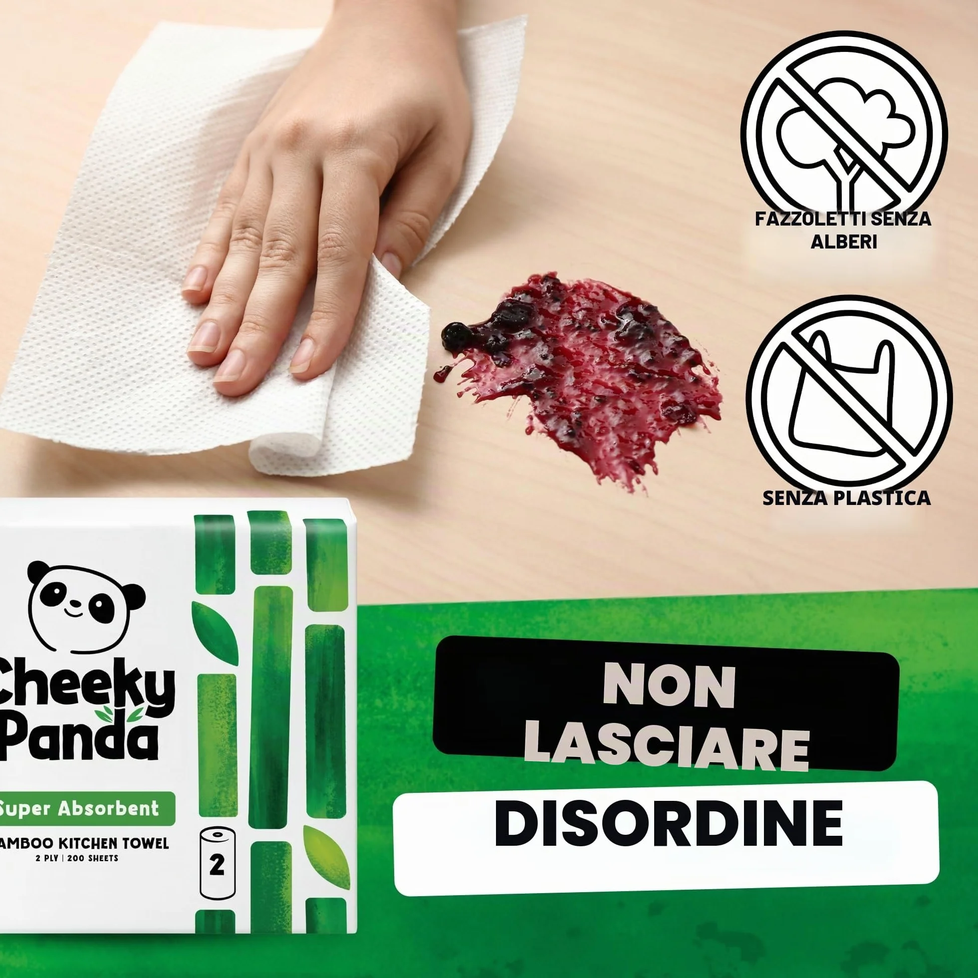 The Cheeky Panda Carta Cucina in Bambù 10 Rotoli Carta Asciugatutto 1000 Fogli Assorbenti 2 Veli