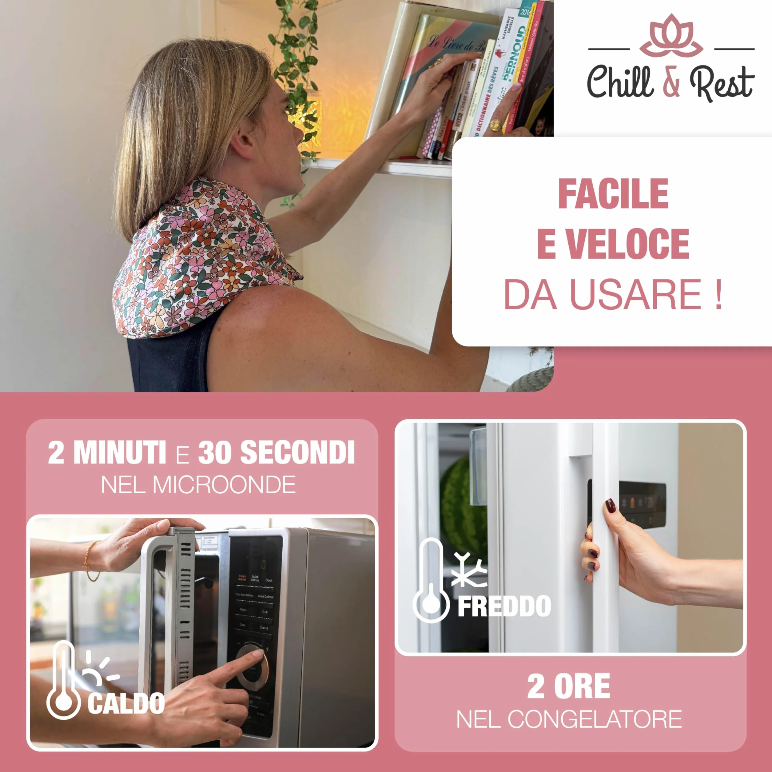 Chill&Rest - Cuscino termico microonde - semi di lino - cuscino termico cervicale - dolori mestruali - Prodotto in Francia - cuscino riscaldabile microonde - Rosa - La Florale
