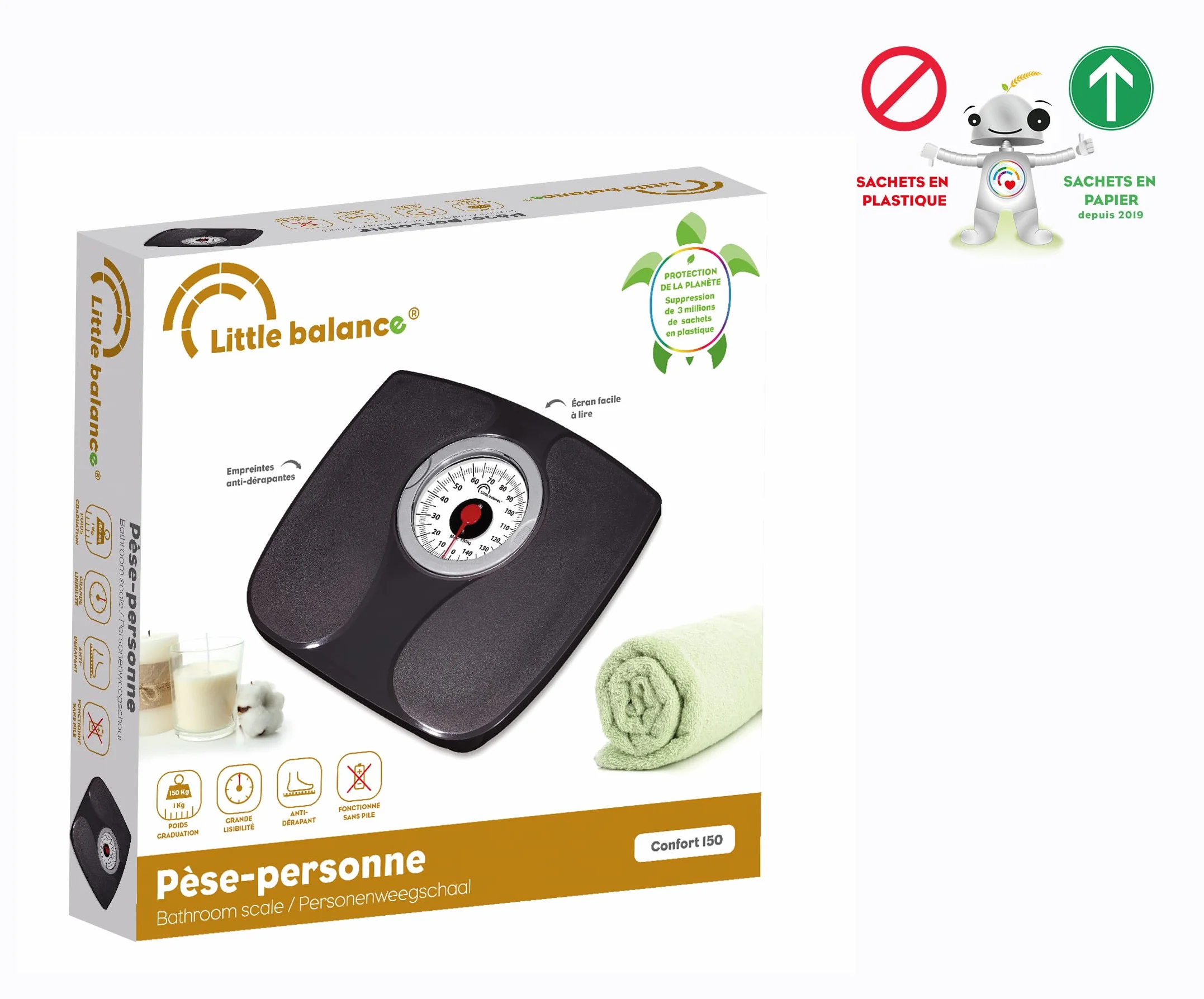 LITTLE BALANCE 8727 Confort 150, Bilancia pesapersone meccanica, Bilancia con schermo XL, Forma compatta, 150 kg, Nero