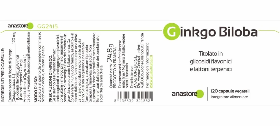 GINKGO BILOBA * 60 mg / 120 capsule * Titolato al 24% min. di flavoni glicosidi e al 6% min. di lattoni terpenici