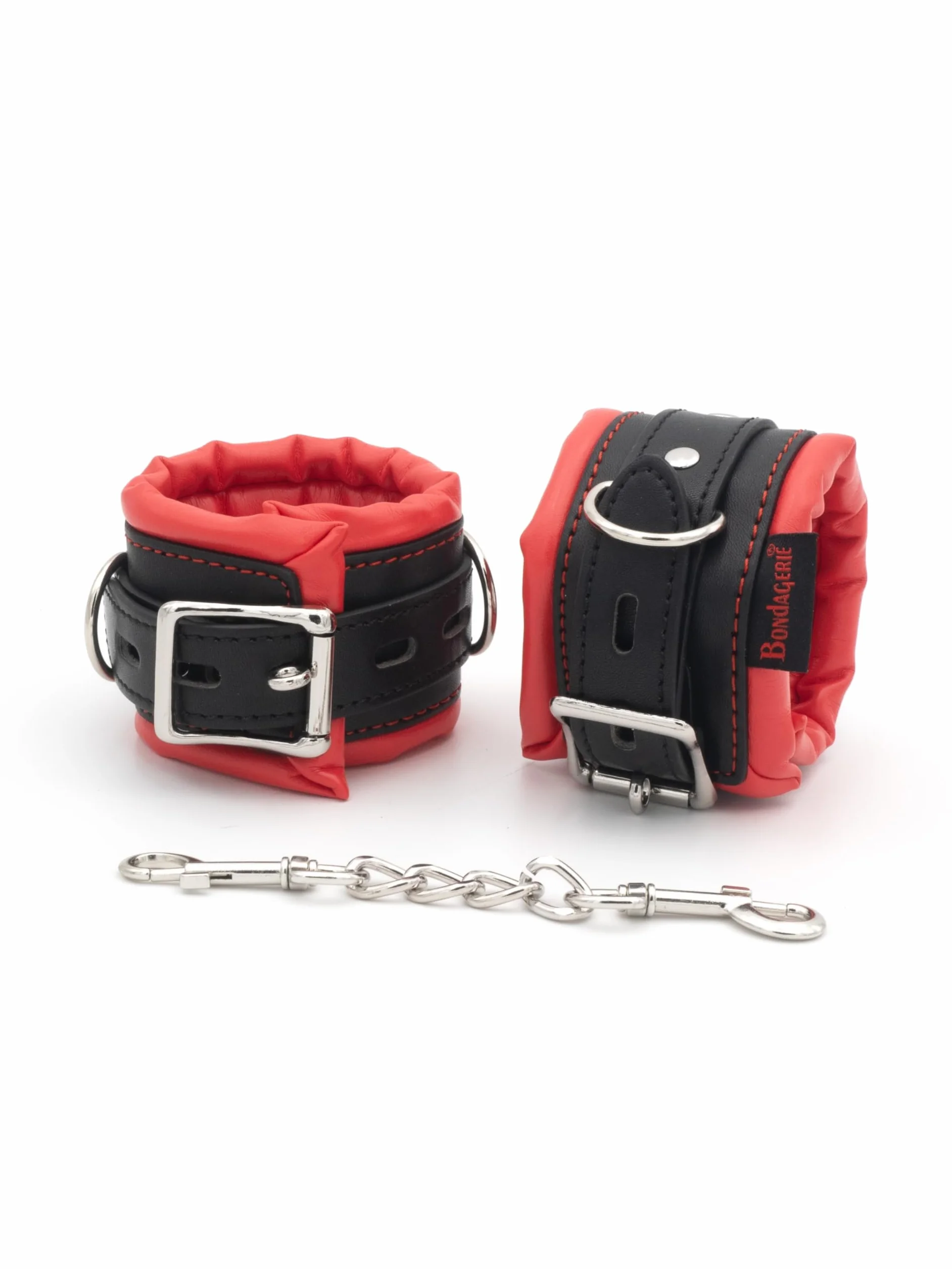 BONDAGERIE® Manette per Coppia Nero e Rosso, imbottite e morbide, sexishop uomo donna lui lei accessori catenina metallo