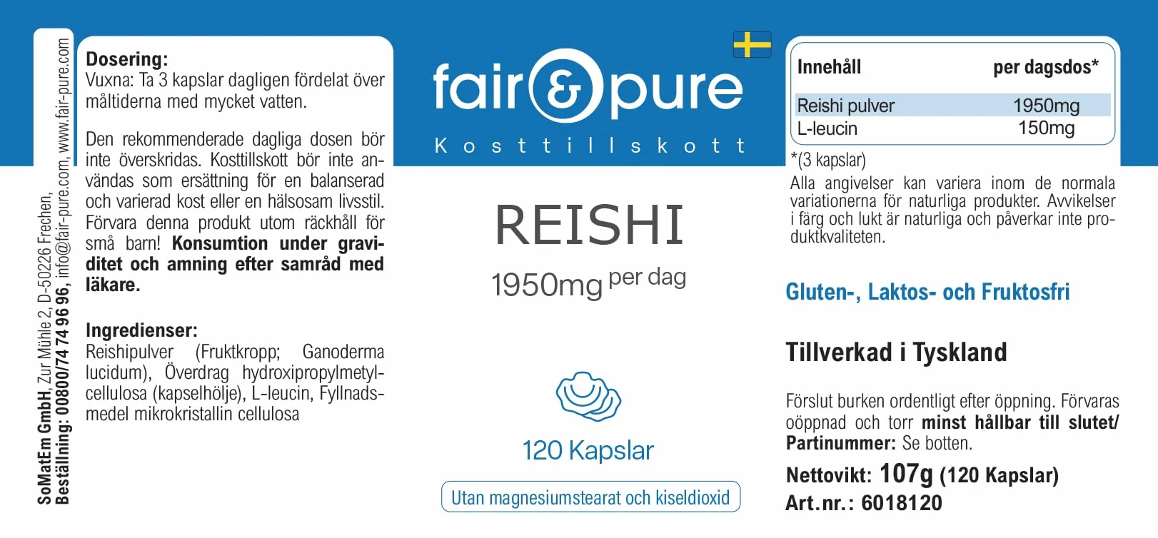 Fair & Pure® - Capsule di Reishi 1950 mg - 120 capsule - Ganoderma lucidum - Fungo medicinale - Altamente dosato - Vegano