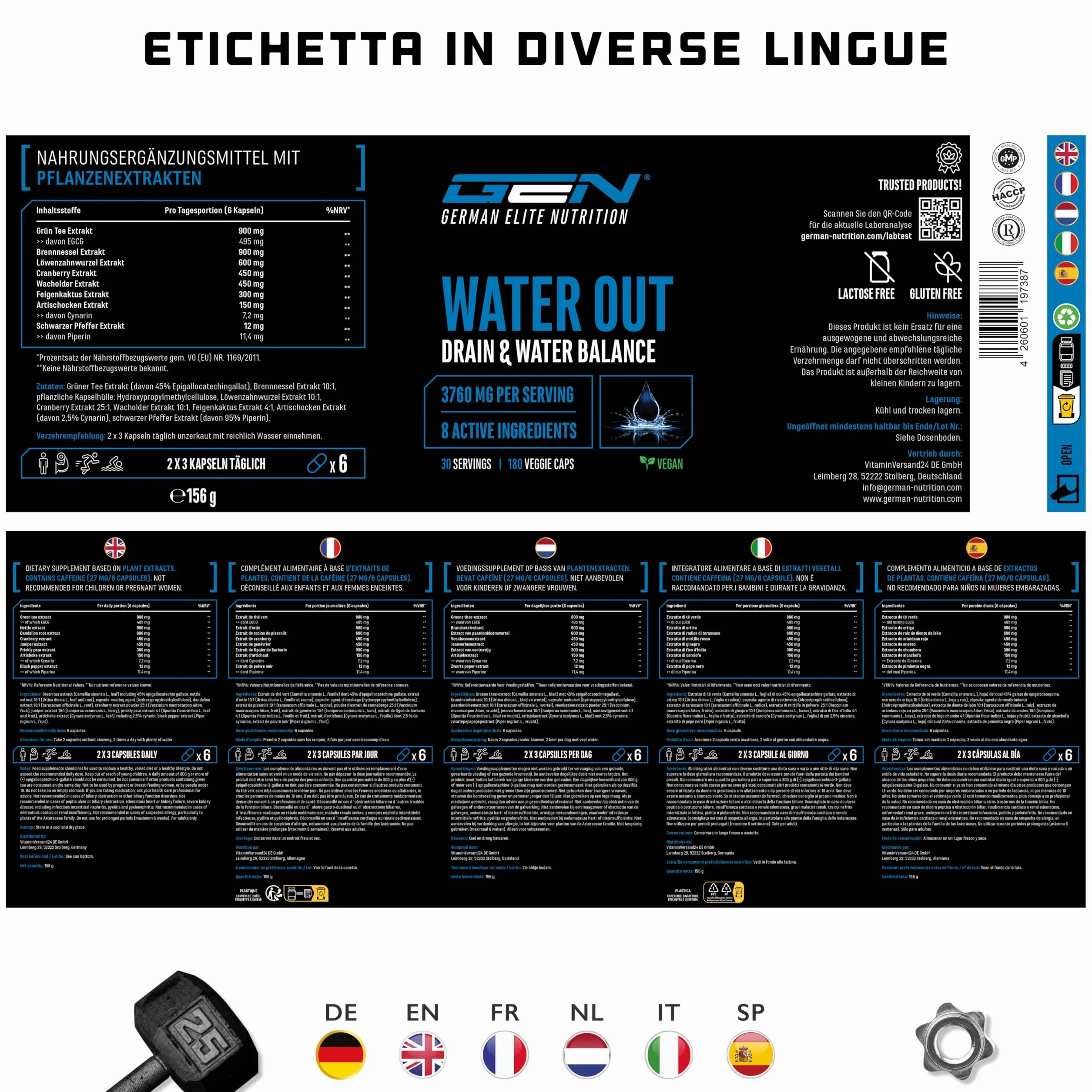 Water Out Complex 180 capsule - equilibrio idrico, drenaggio, tè verde, ortica, tarassaco, estratto di carciofo