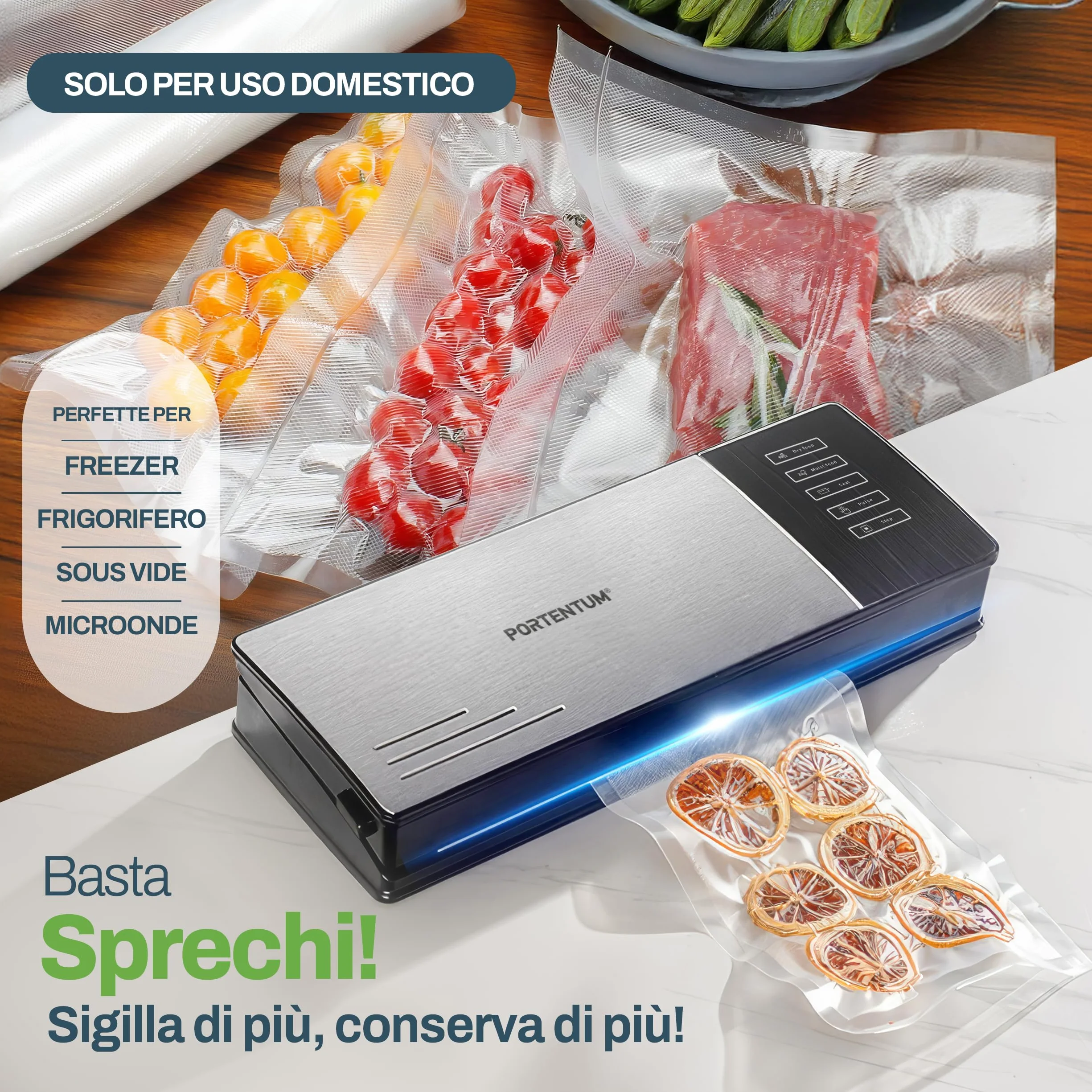 PORTENTUM Sacchetti Sottovuoto Alimenti, 3 rotoli 20 x 300 cm 9 m per conservazione e Sous Vide