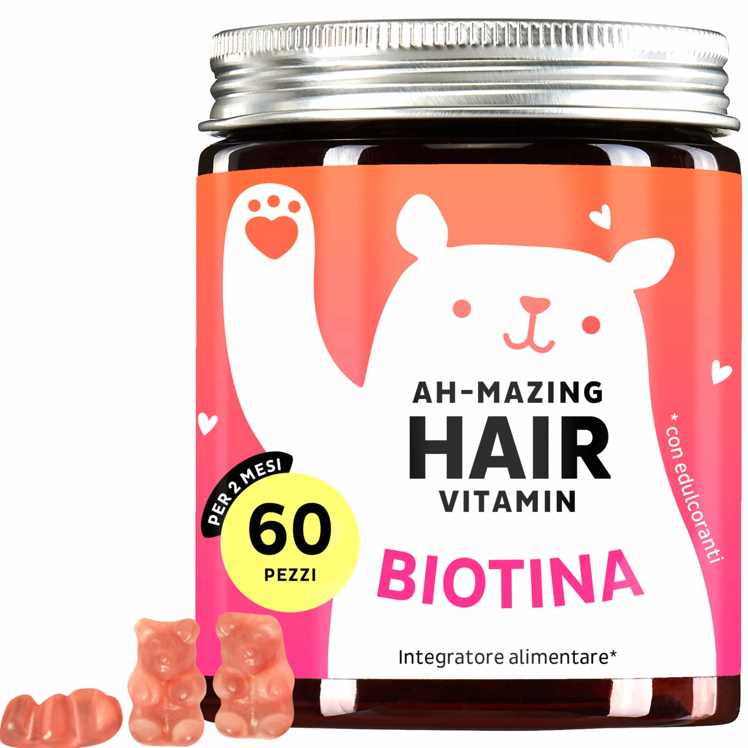 Bears with Benefits Caramelle Gommose Biotina Ah-mazing Hair Vitamins 5000 µg Biotina Zinco Vitamine B6 C E Acido Folico Iodio 60 pezzi Vegano