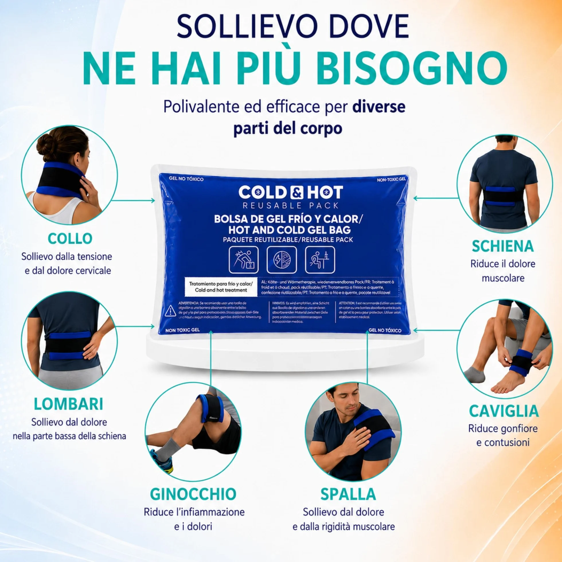 Ghiaccio Gel Riutilizzabile (26x15 cm) Compressa Fredda Calda con Copertura Multiposizione e Fascia di Compressione per Terapie Caldo/Freddo