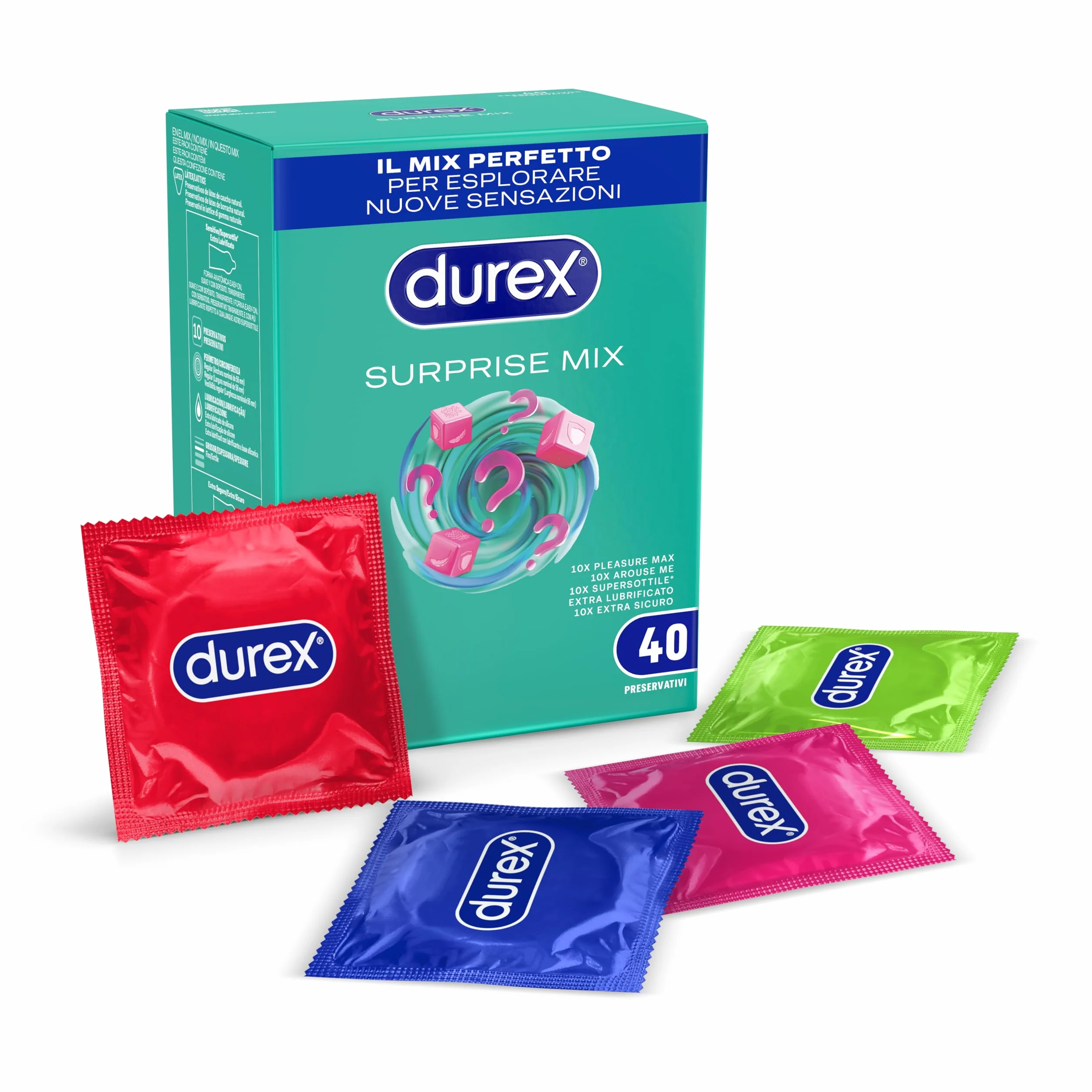 Durex Surprise Mix, Preservativi Assortiti, Profilattici Sottili e con Rilievi e Nervature, 40 Profilattici, Solo Online