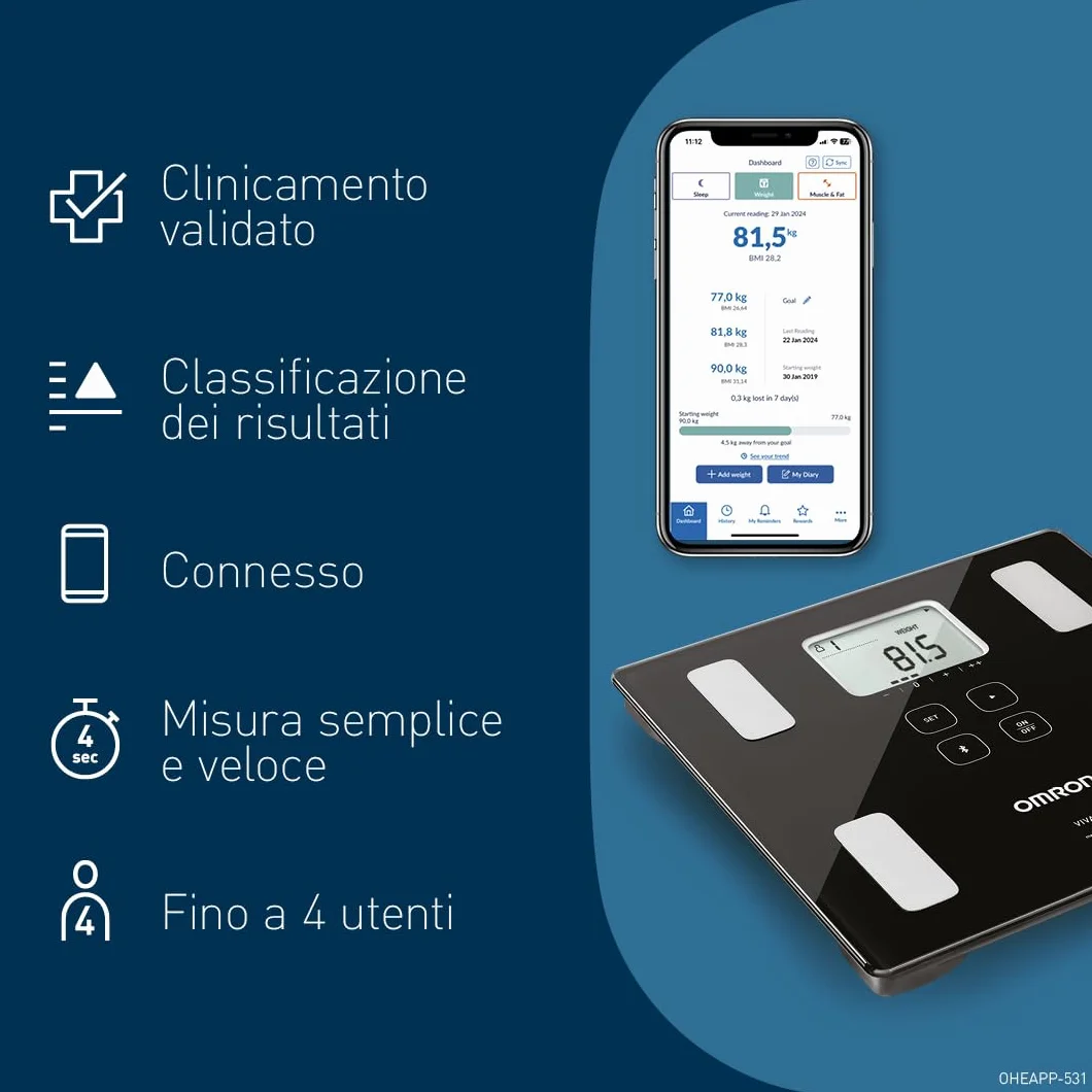 OMRON VIVA bilancia pesapersone digitale Bluetooth grasso viscerale muscoli metabolismo BMI