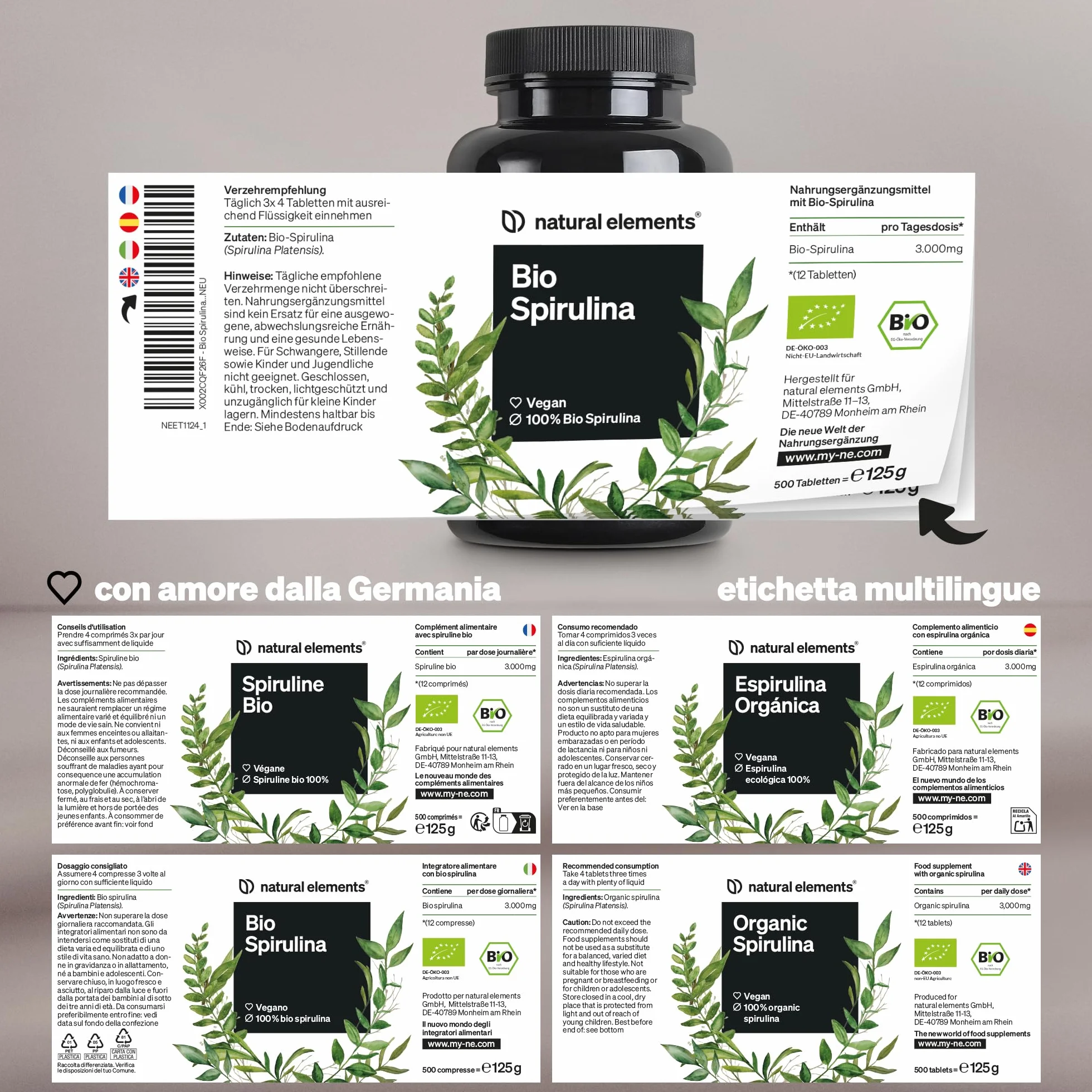Spirulina Biologica 500 compresse 3000mg vegana ad alto dosaggio