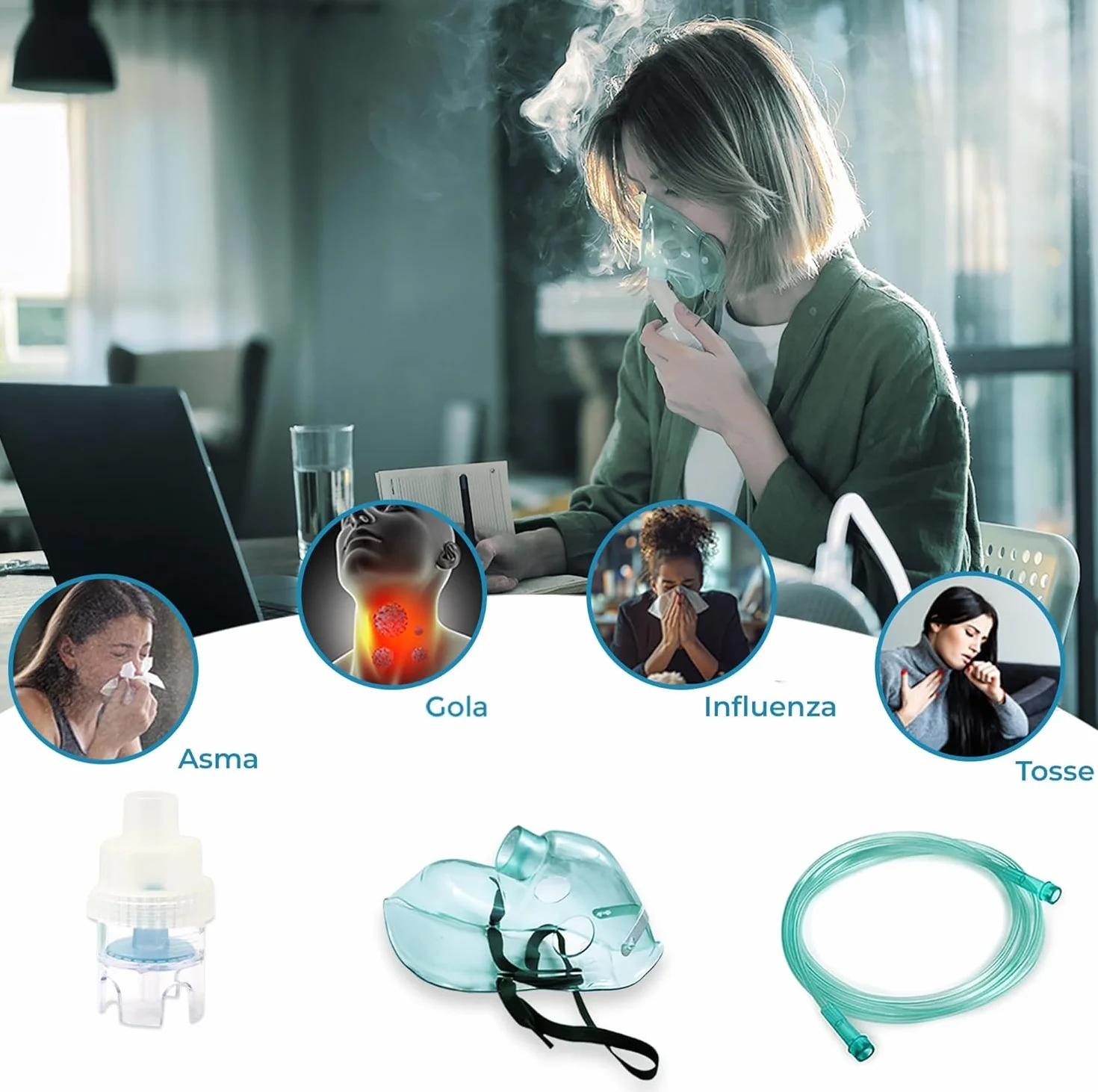 ALL4US® Kit ricambi per aerosol universale per adulti con maschera, ampolla, tubo 2.1m, filtro e accessori per nebulizzatore