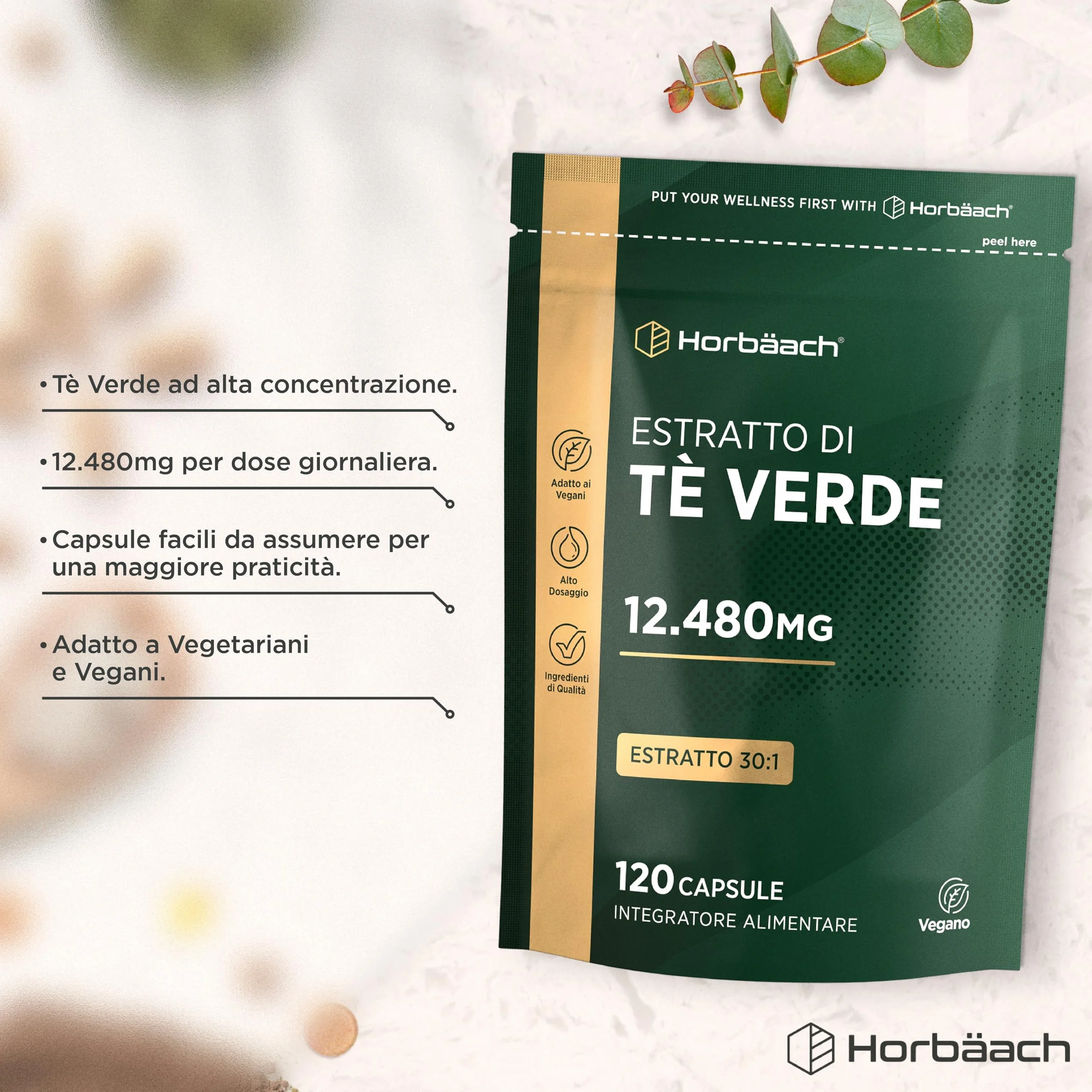 Tè Verde Capsule 12480mg | 120 Capsule Vegane | Estratto di Te Verde Integratore in Polvere | Alto Dosaggio | Green Tea Extract | di Horbaach