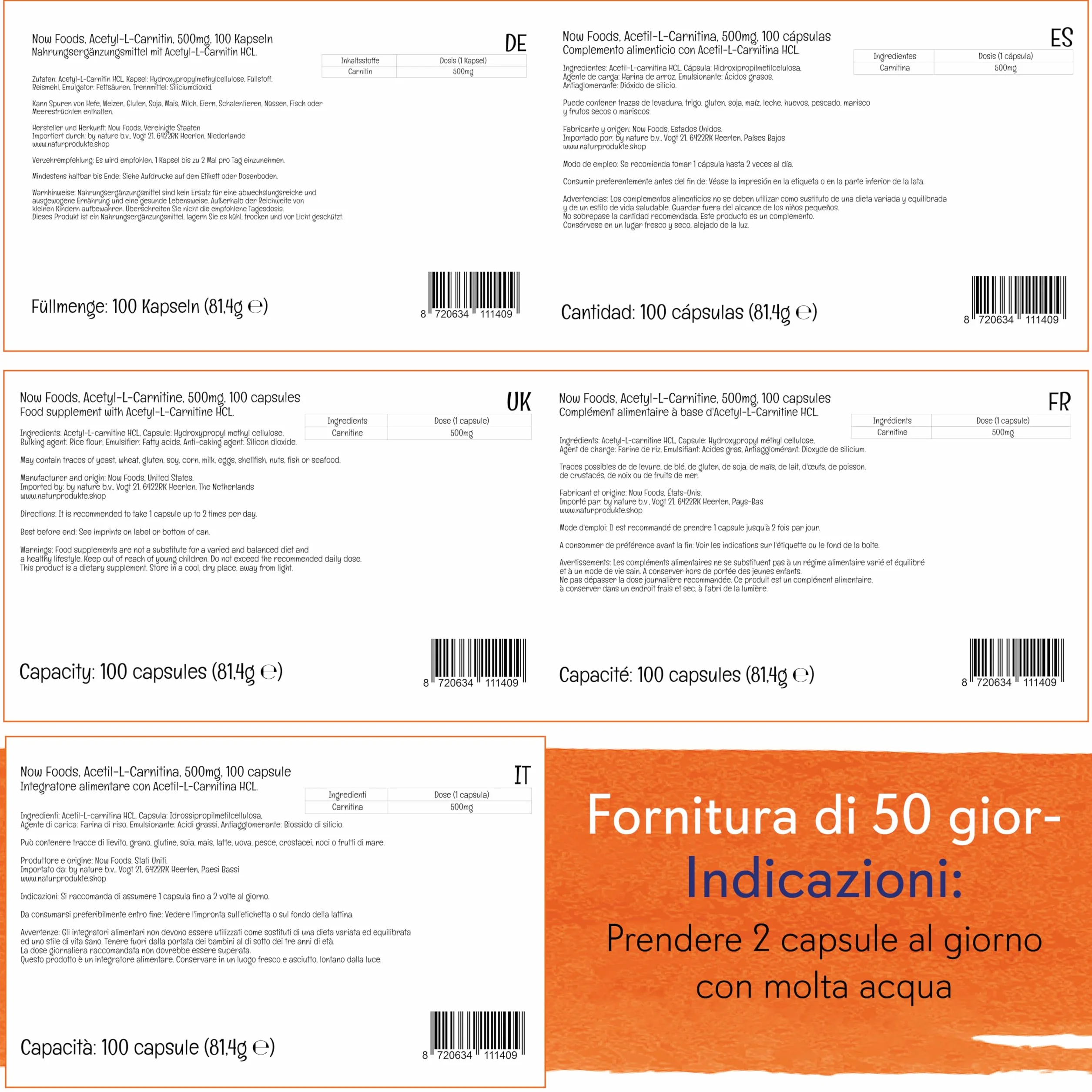 Now Foods Acetyl-L-Carnitine 500 mg 100 Capsule Vegane Aminoacido