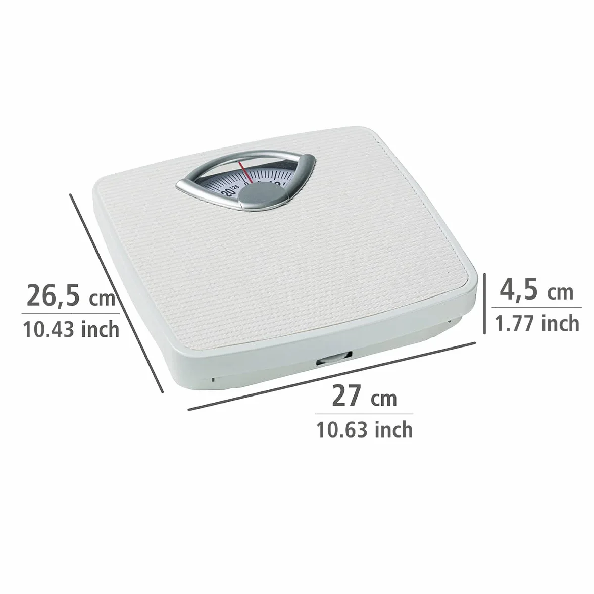 Bilancia meccanica, precisa e analogica WENKO con ampia scala e battistrada antiscivolo, campo di misura fino a 130 kg con incrementi di 1 kg, alloggiamento in metallo bianco, 27 x 4,5 x 26,5 cm