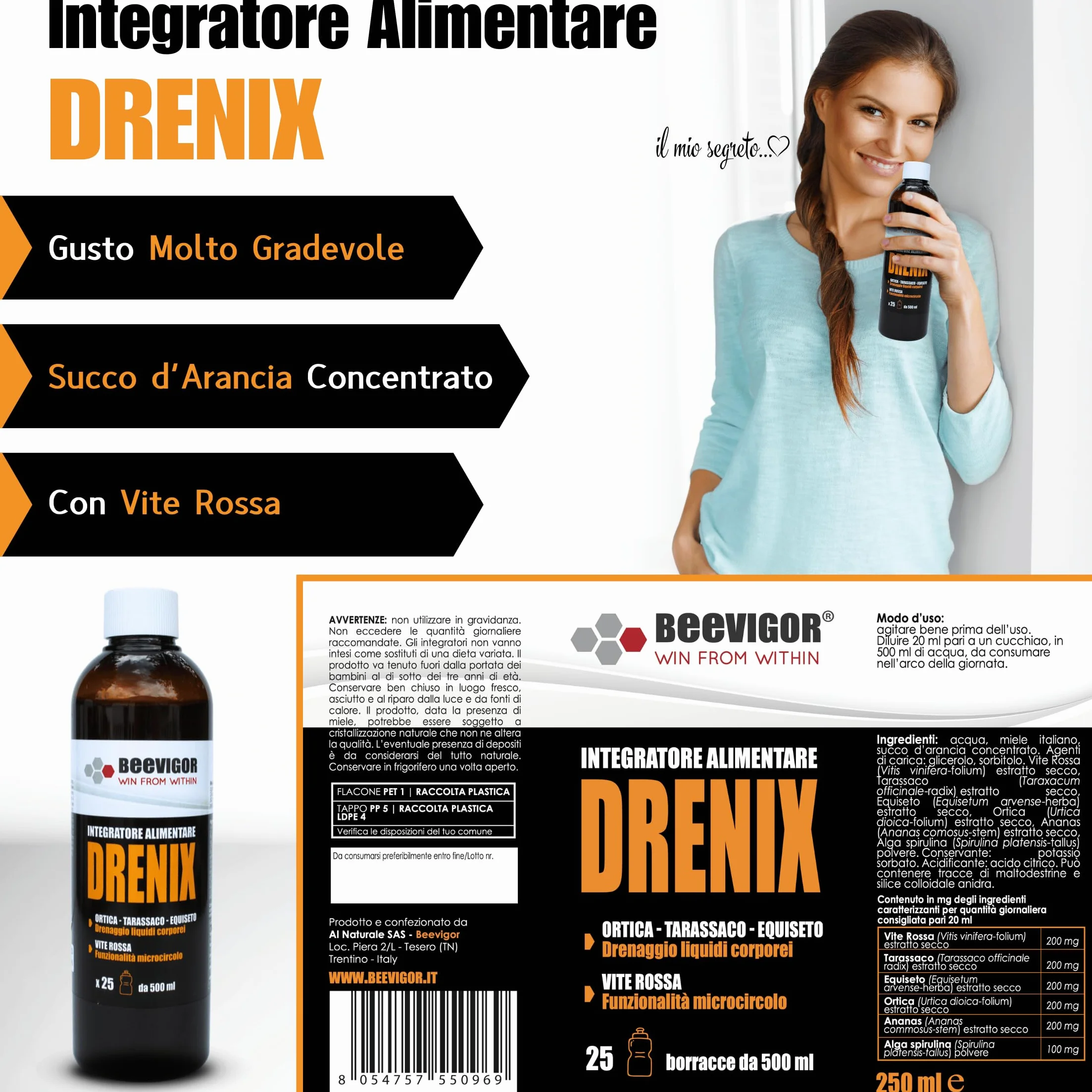 BEEVIGOR Integratore Alimentare Fluido Drenante 250 ml con Miele, Ortica, Tarassaco, Equiseto, Ananas e Vite Rossa Made in Italy