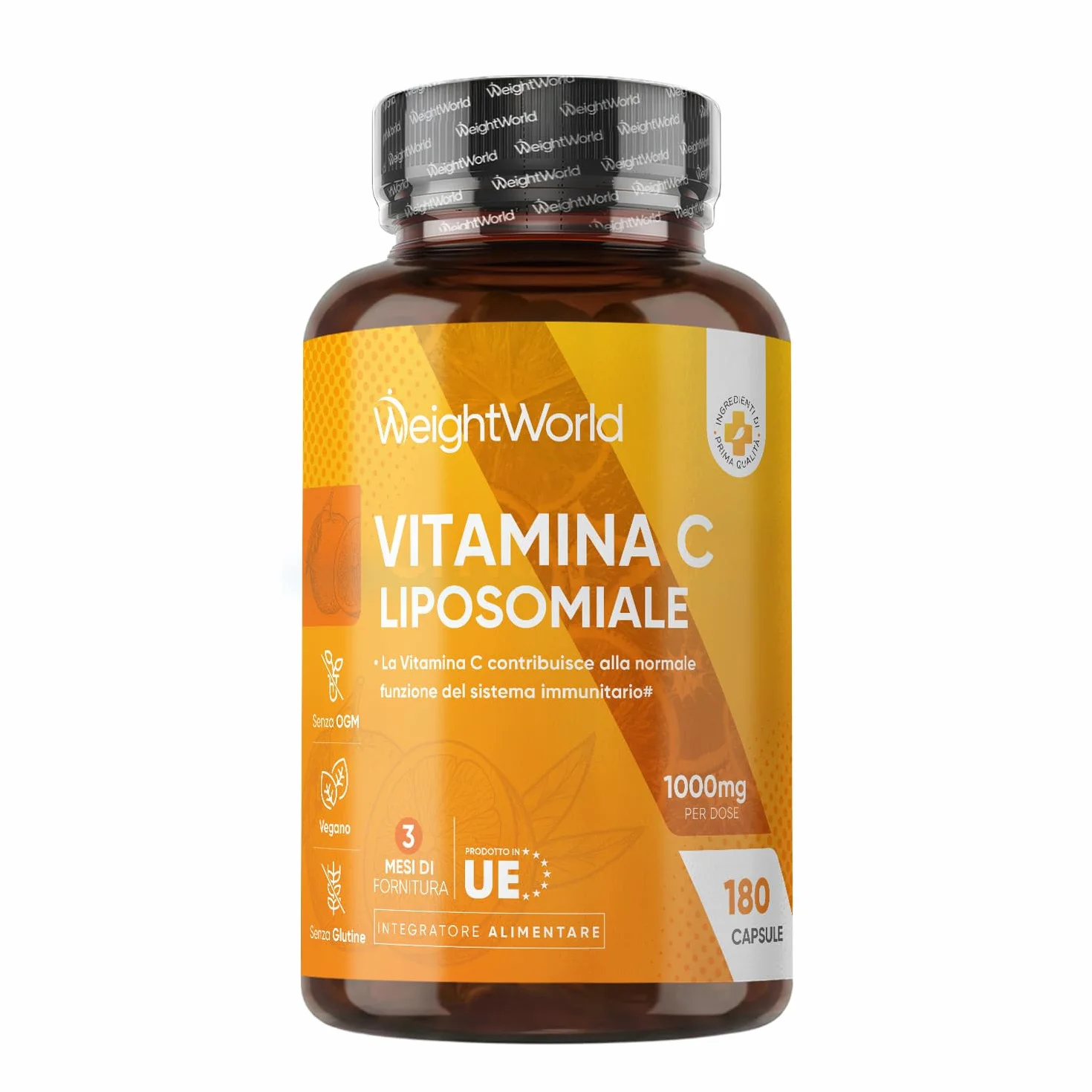 Vitamina C Liposomiale 1000mg Vegana, 180 Capsule Acido Ascorbico, Integratore Immunitario, Senza Glutine, Prodotto in UE