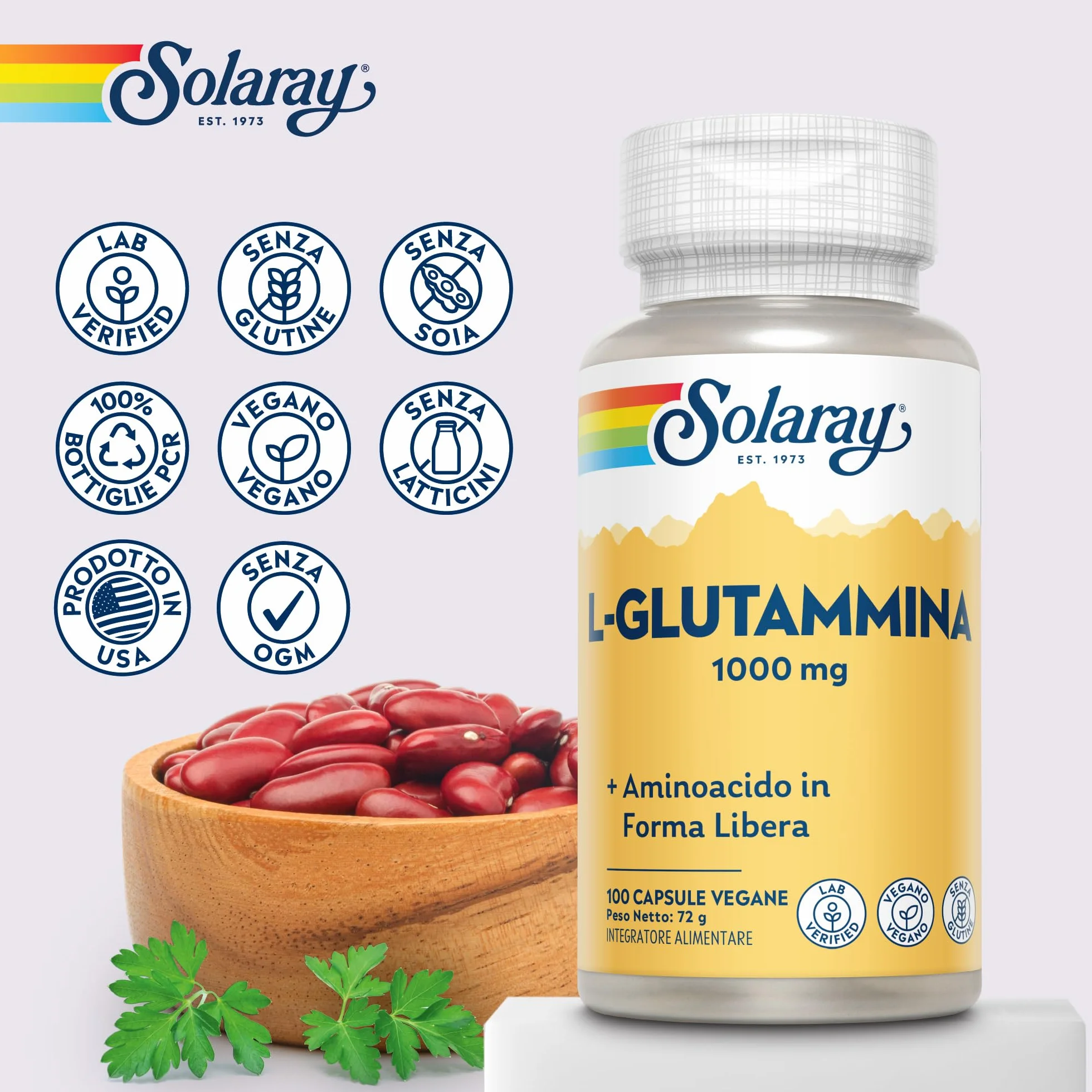 Solaray Glutammina 1000mg - 100 Capsule Vegane - 500mg di L-Glutammina per Capsula - Aminoacido di Alta Qualità - Integratore Pre Allenamento - Testata in Laboratorio