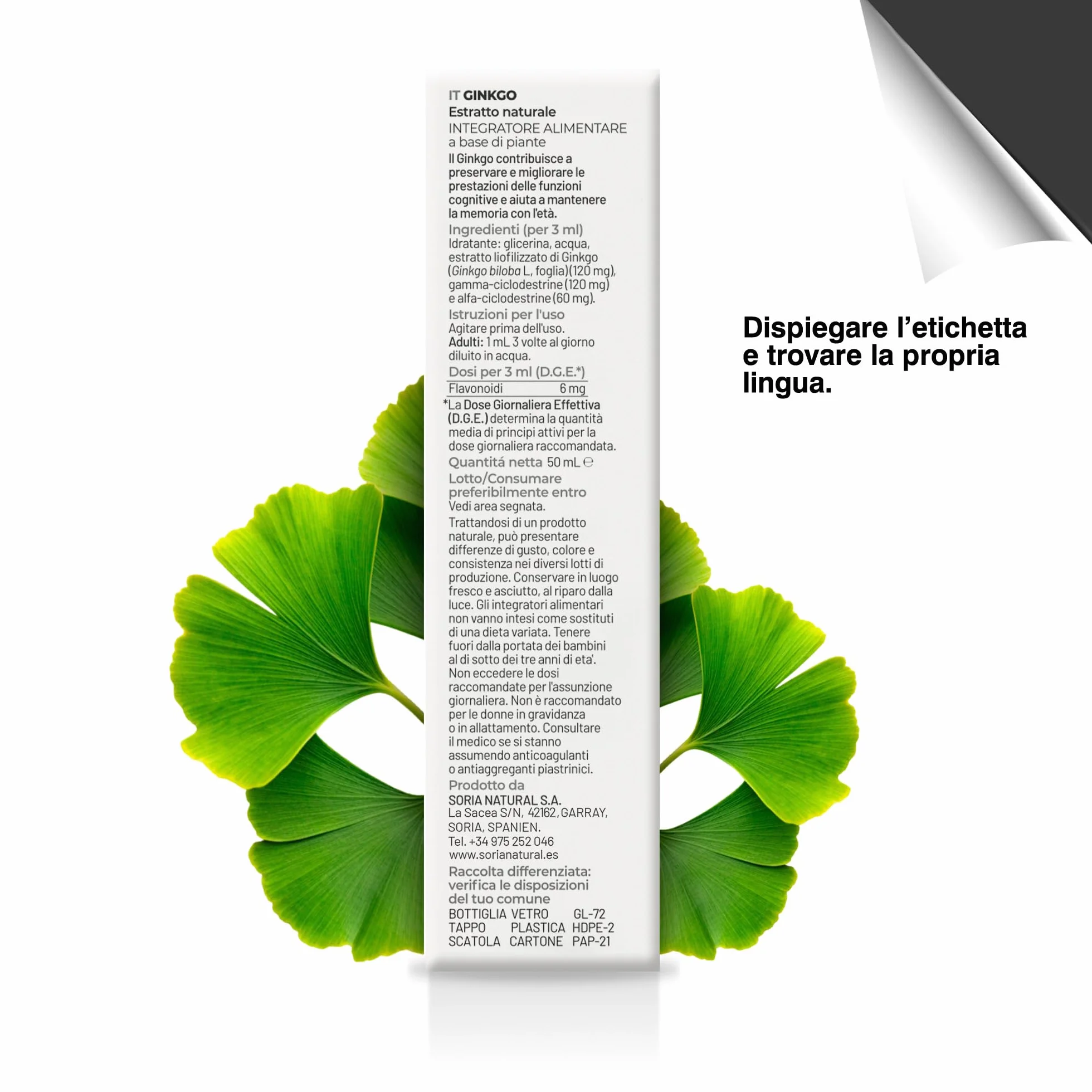 Ginkgo Biloba Integratore Estratto Naturale 50ml - Migliora Memoria, Concentrazione e Circolazione - Ginko Biloba Integratore Memoria e Concentrazione - Soria Natural