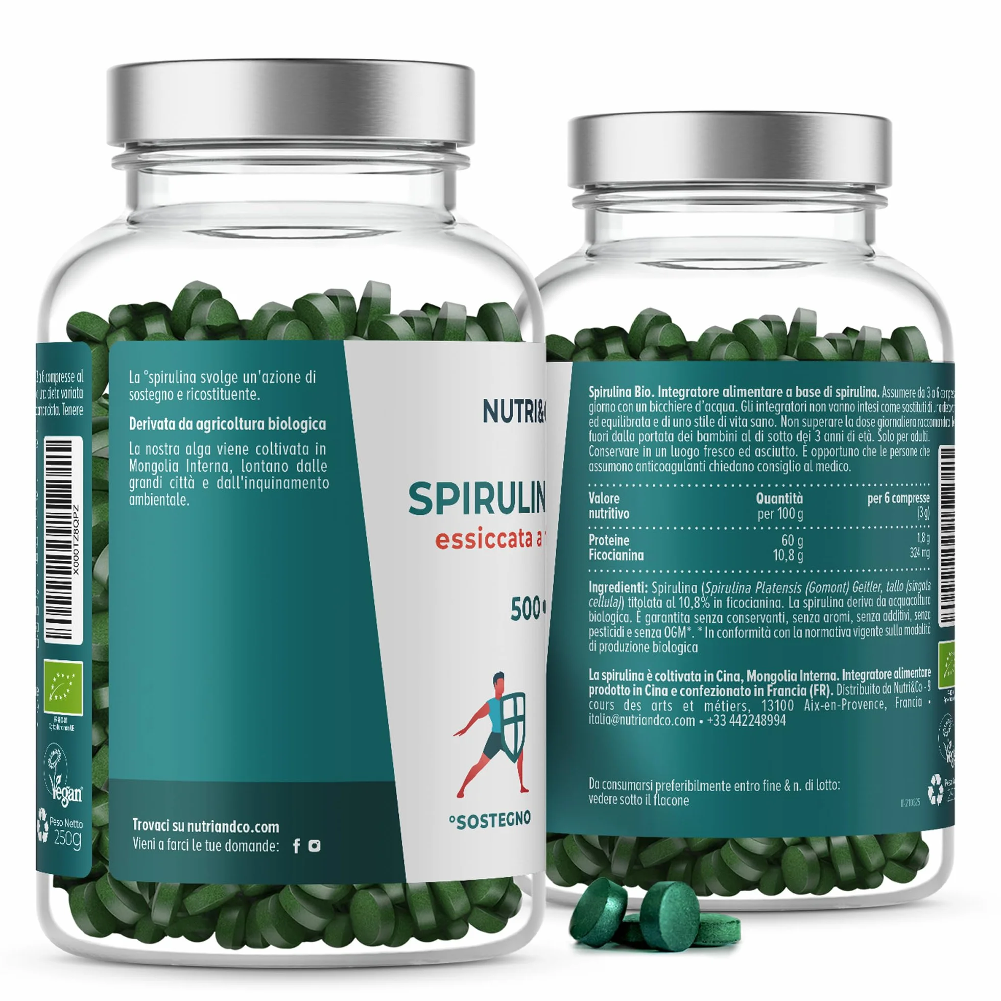 NUTRI & CO Spirulina Biologica 500 Compresse Bio 500 mg Senza Eccipienti 15% Ficocianina Polvere Essiccata Compressa a Freddo