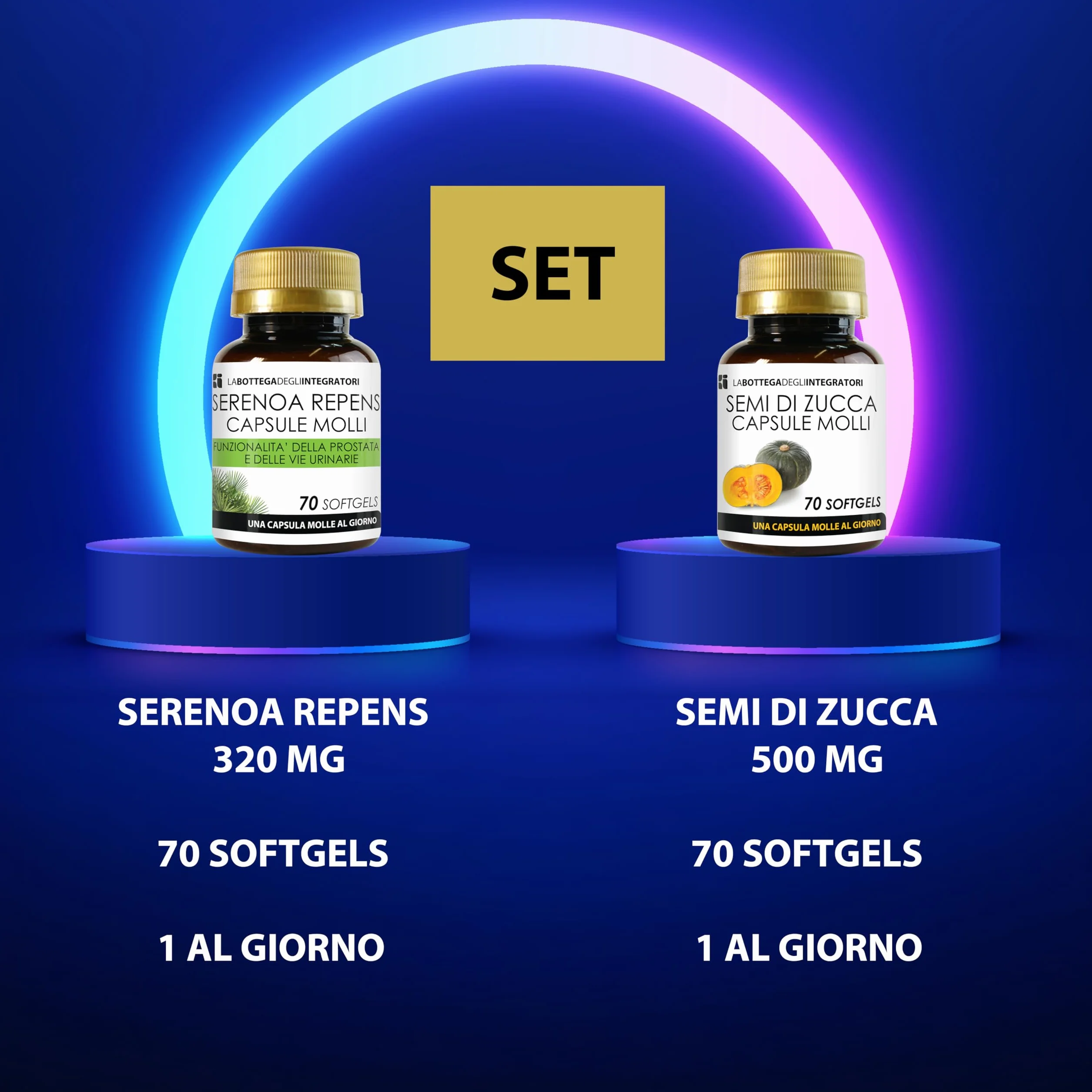 LA BOTTEGA DEGLI INTEGRATORI Set di Integratori Prostata Serenoa Repens 70 Perle Semi di Zucca 70 Capsule Molli