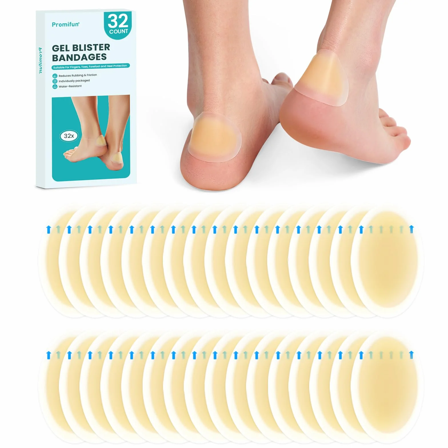 Promifun Hydrocolloid Gel Blister Bandages impermeabili 32ct per talloni piedi dita
