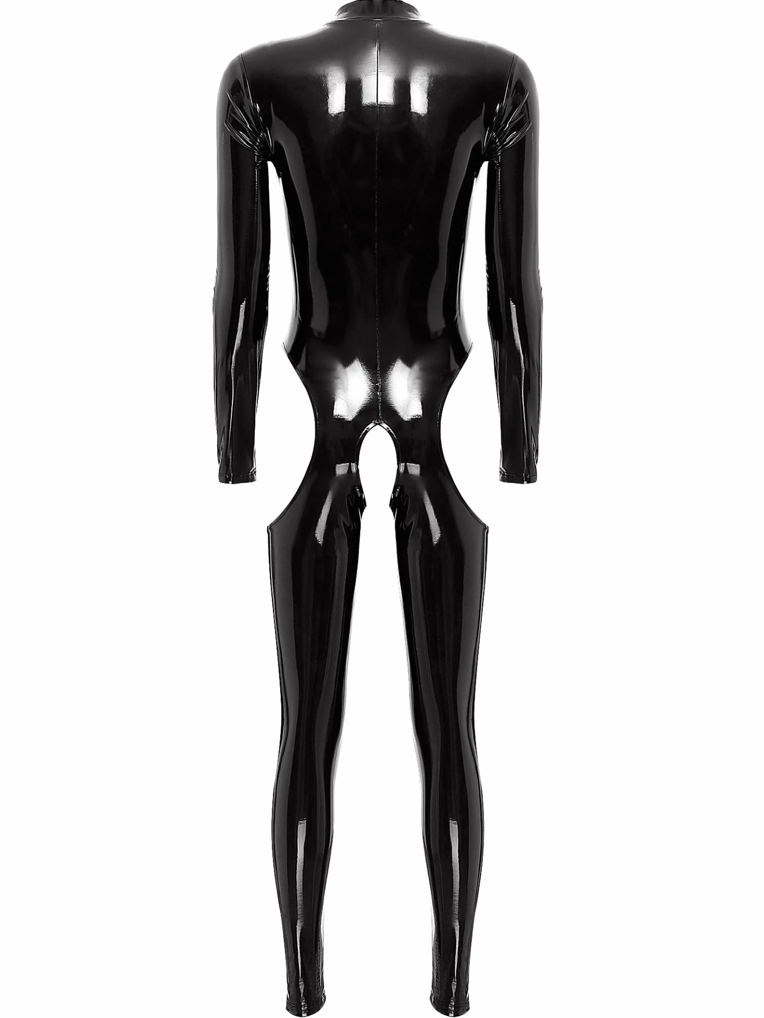 Sxiwei Donna Wetlook Bodysuit Ouvert Latex Catsuit Lucido Pelle Tuta Jumpsuit Maniche Lunghe Sexy Lingerie