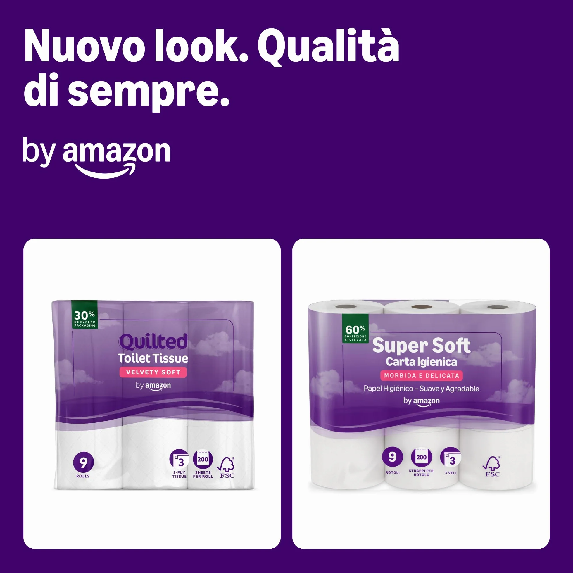 Amazon Carta Igienica 3 Veli Trapuntata Morbida Setosa 36 Rotoli 4 Confezioni da 9 200 Fogli per Rotolo Certificata FSC
