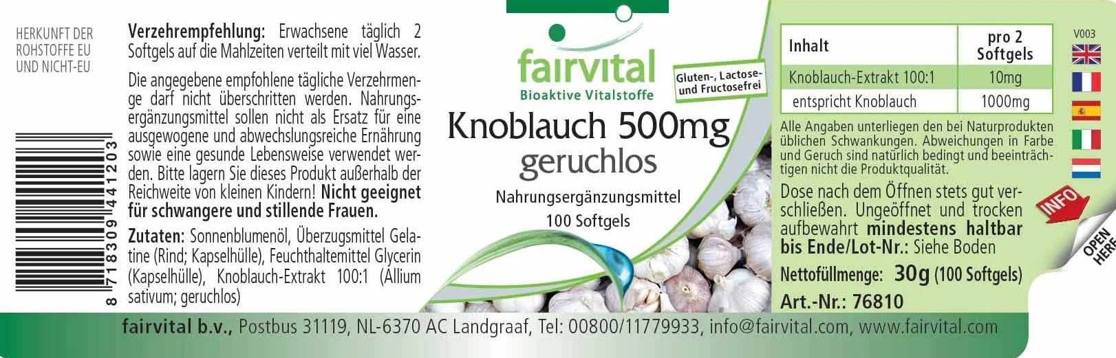 fairvital Capsule di aglio 500 mg, 100 softgel, facili da deglutire, contengono alliicina, estratto di aglio 100:1, ALTO DOSAGGIO e inodori