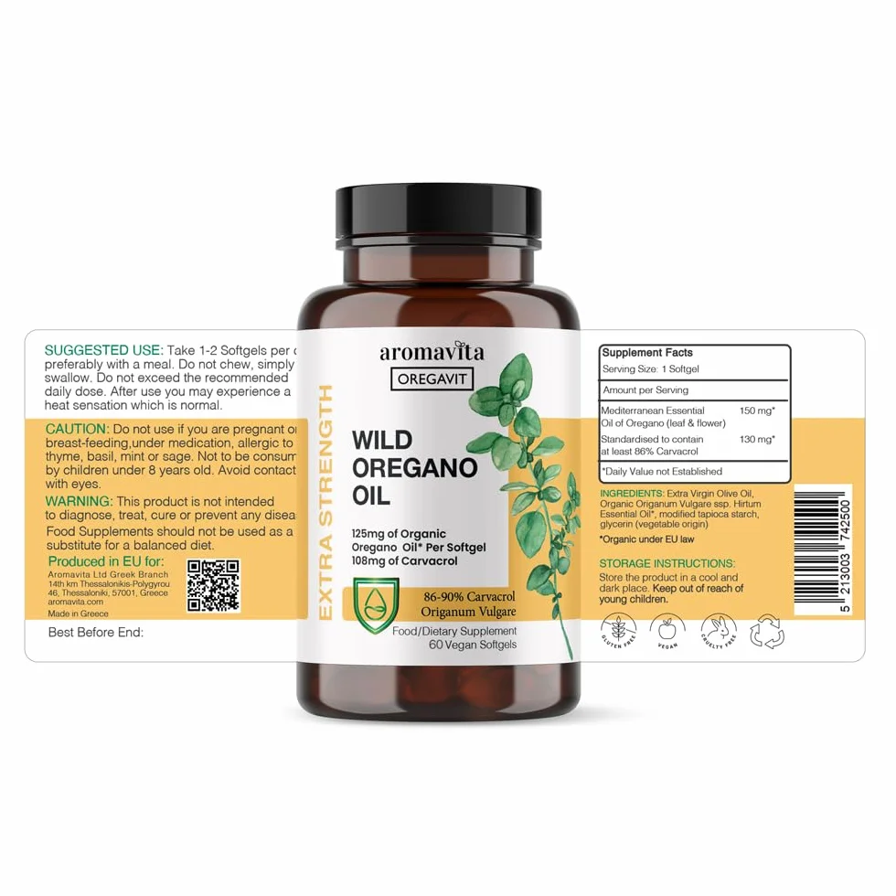Olio Selvatico Vegano di Origano Capsule Biologico 86-90% Carvacrolo 60 Capsule