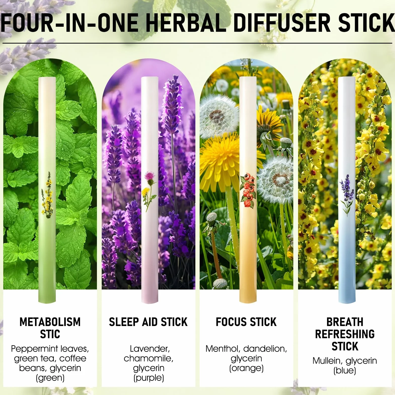 4 PCS Diffusore di Erbe Aromatiche, Herbal Diffuser Pen, Formula con Estratti Vegetali Multipli, Design Portatile, Aumenta l'energia, Rinfrescante e Rinvigorente