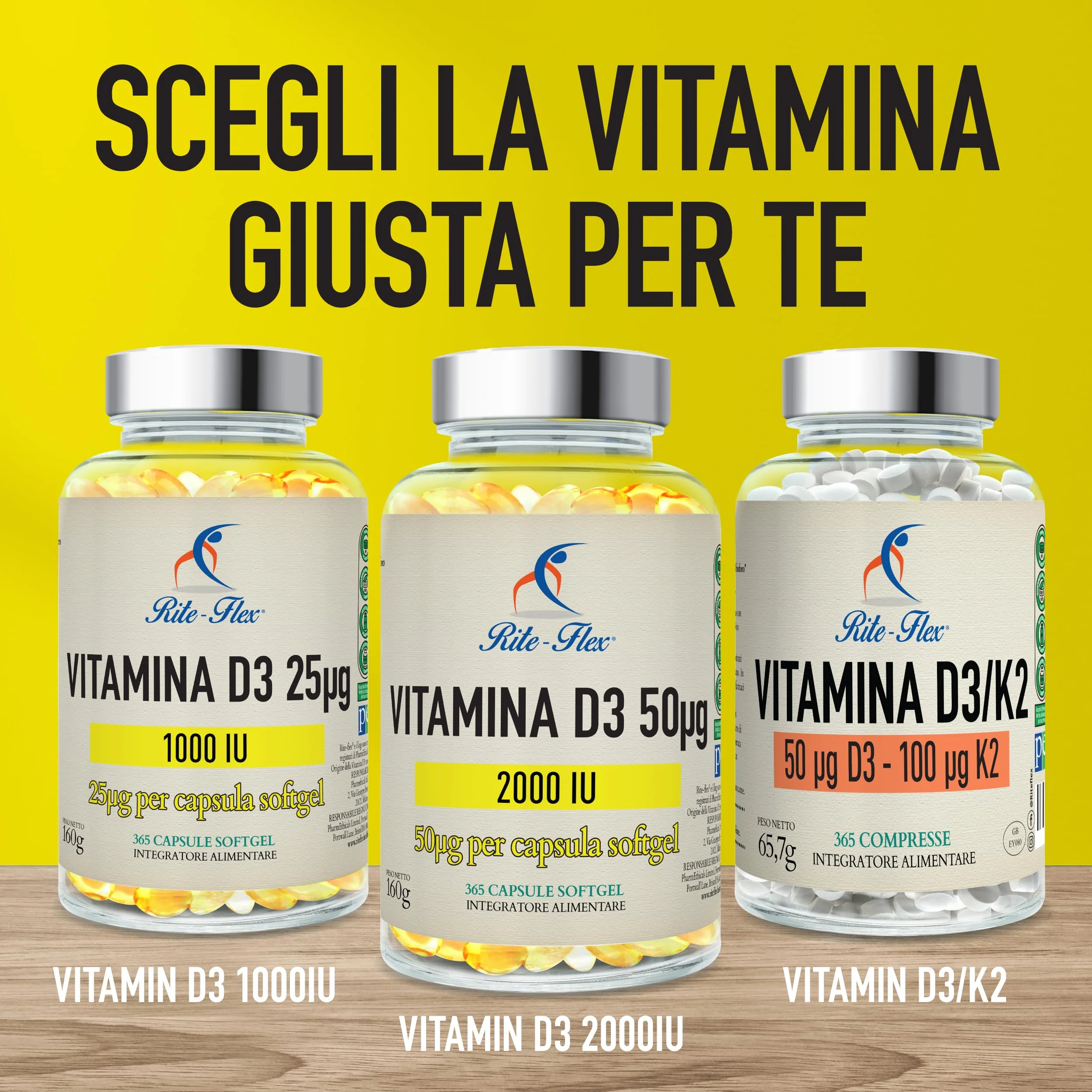 Rite-Flex, Integratore di Vitamina D3 2000 UI (365 Capsule Soft gel)