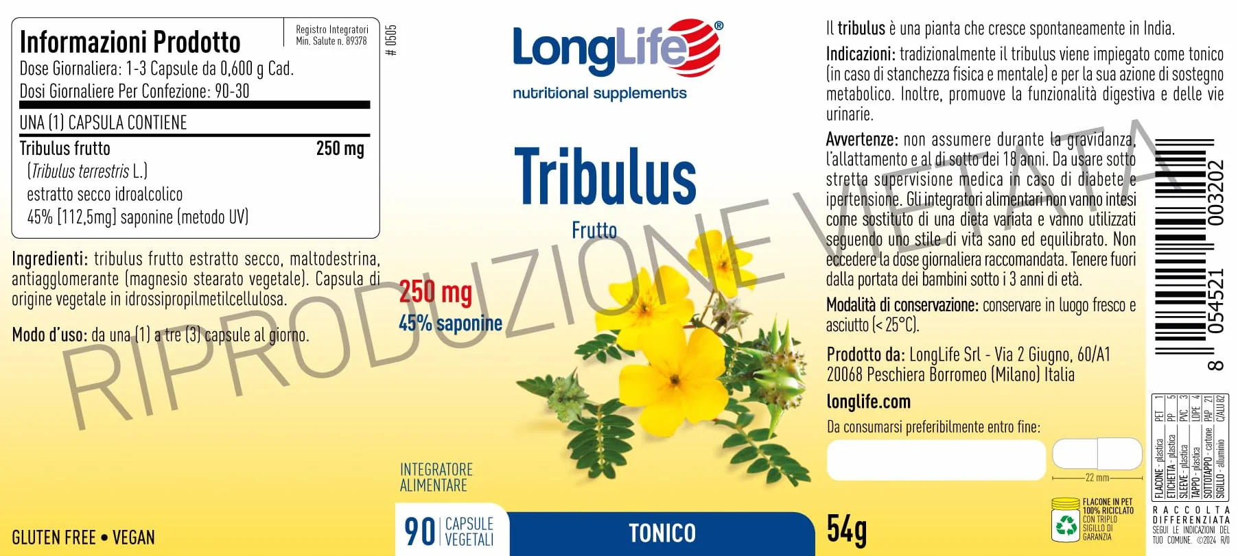 LongLife Tribulus Estratto titolato 45% saponine Azione tonica sostegno metabolico Vie urinarie funzione digestiva Vegano senza glutine