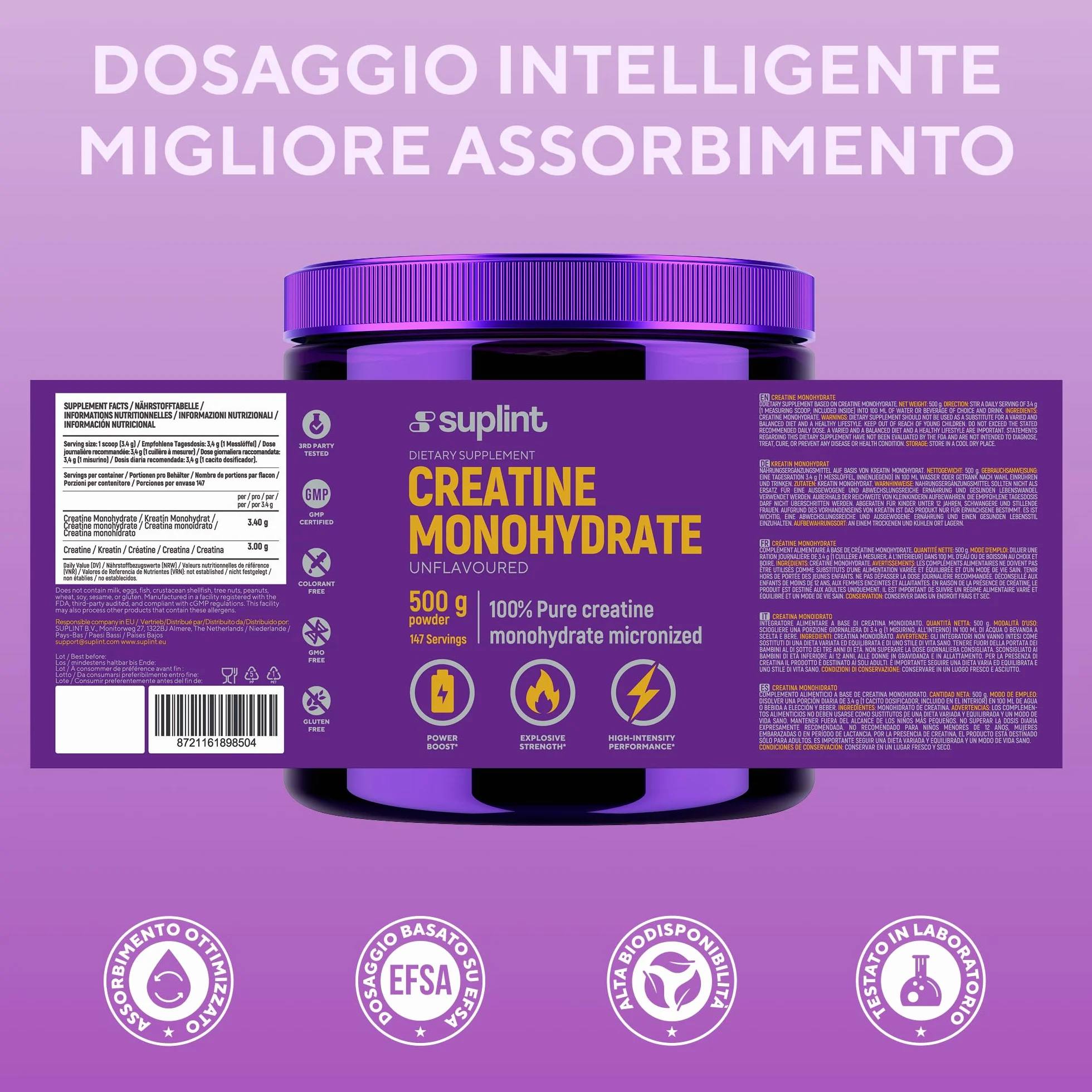 Polvere di Creatina Monoidrata 500 g – 147 Porzioni – 100 % Creatina Monoidrato Pura – Qualità Micronizzata – Vegano, Senza OGM – Integratore Sportivo per Forza, Muscoli & Recupero